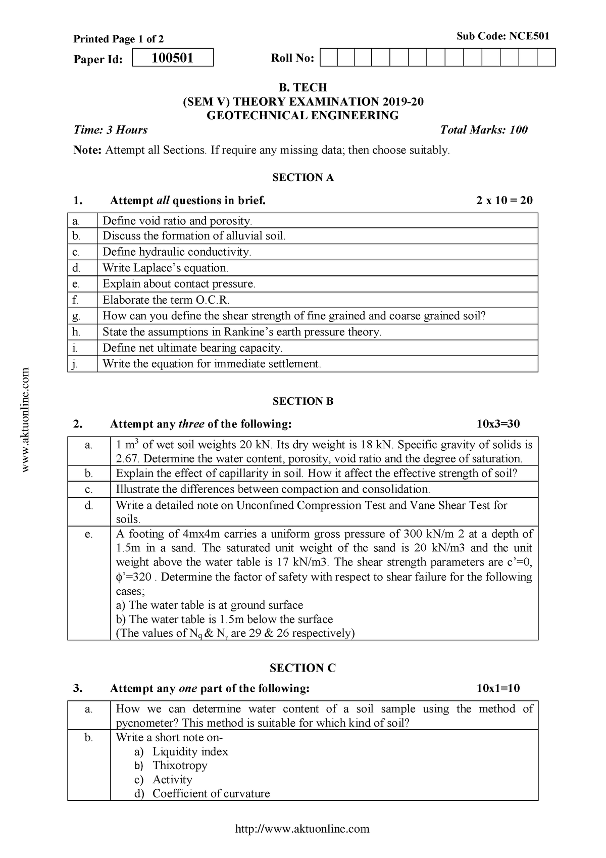 Geotechnical Engineering nce501 2020 - Printed Page 1 of 2 Sub Code ...