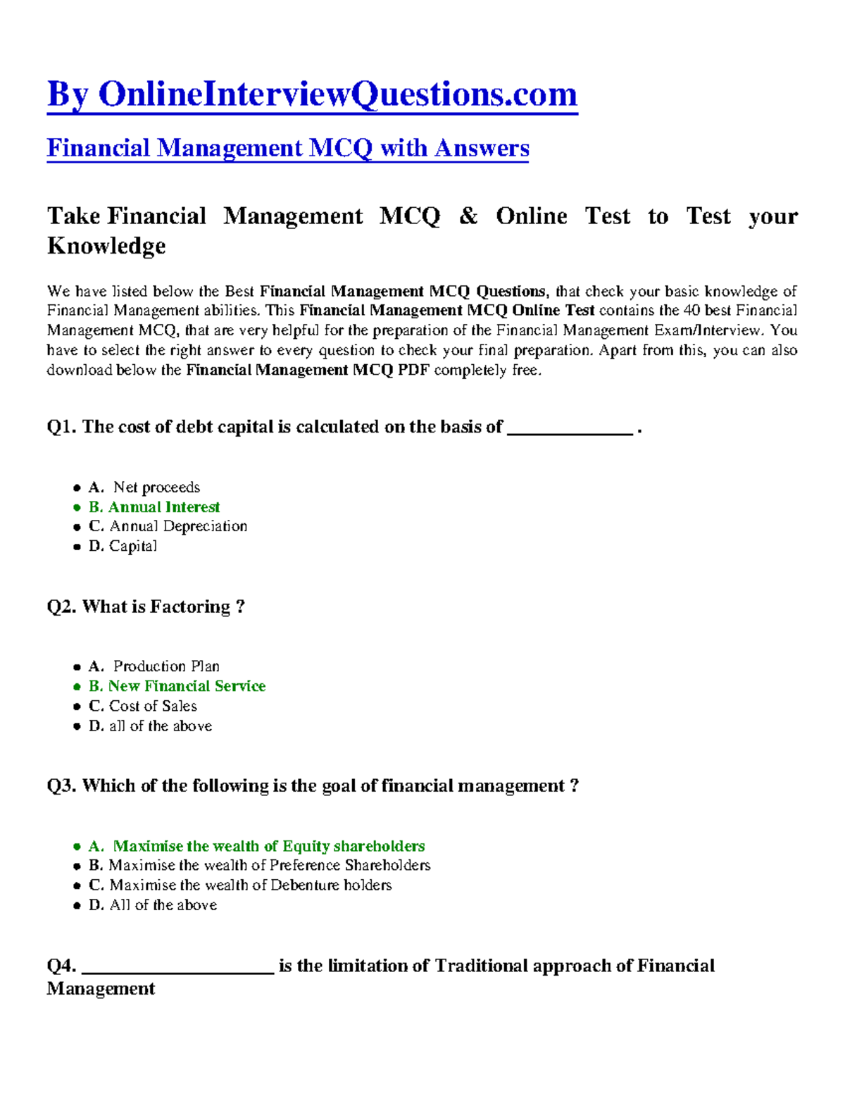 Financial-management-mcq Asif - By OnlineInterviewQuestions Financial ...