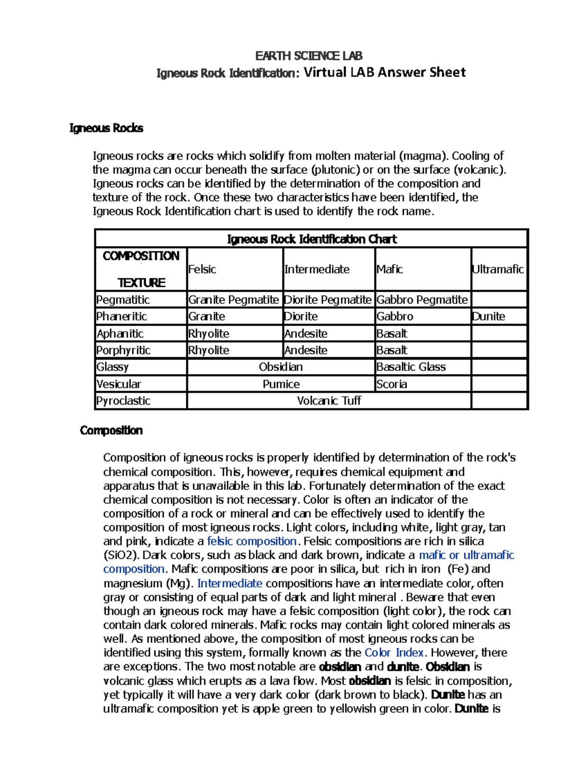 Rock Identification Virtual LAB 2016 - Cooling of the magma can occur ...