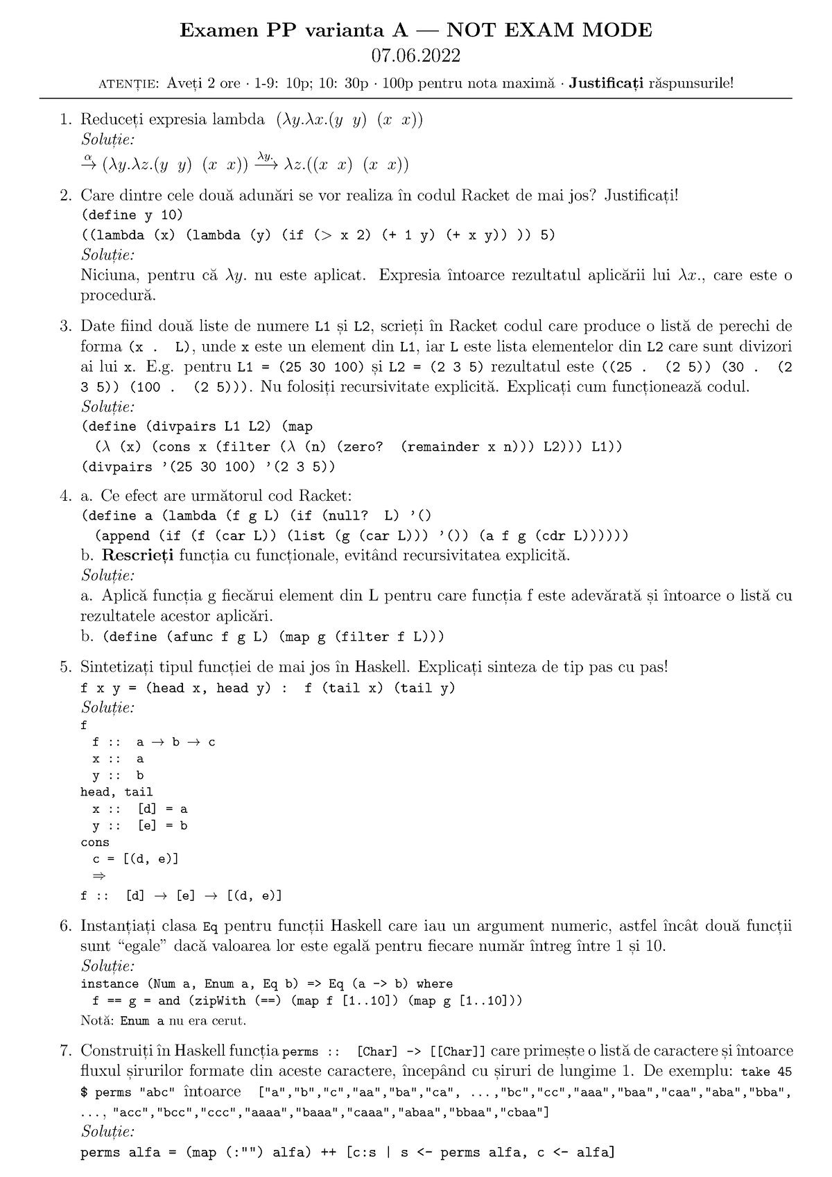 PP - Cc-22-a-sol - Examen - Examen PP Varianta A — NOT EXAM MODE 07 ...