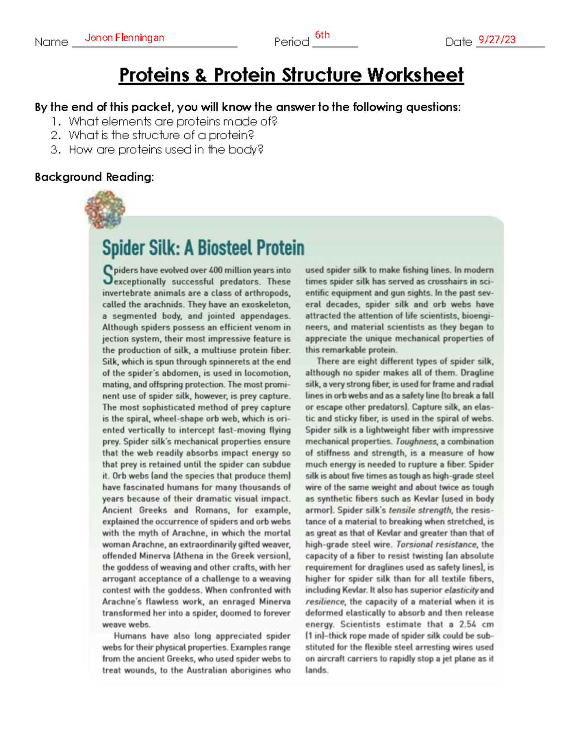Kami Export Proteins and Protein Structure Worksheet Name