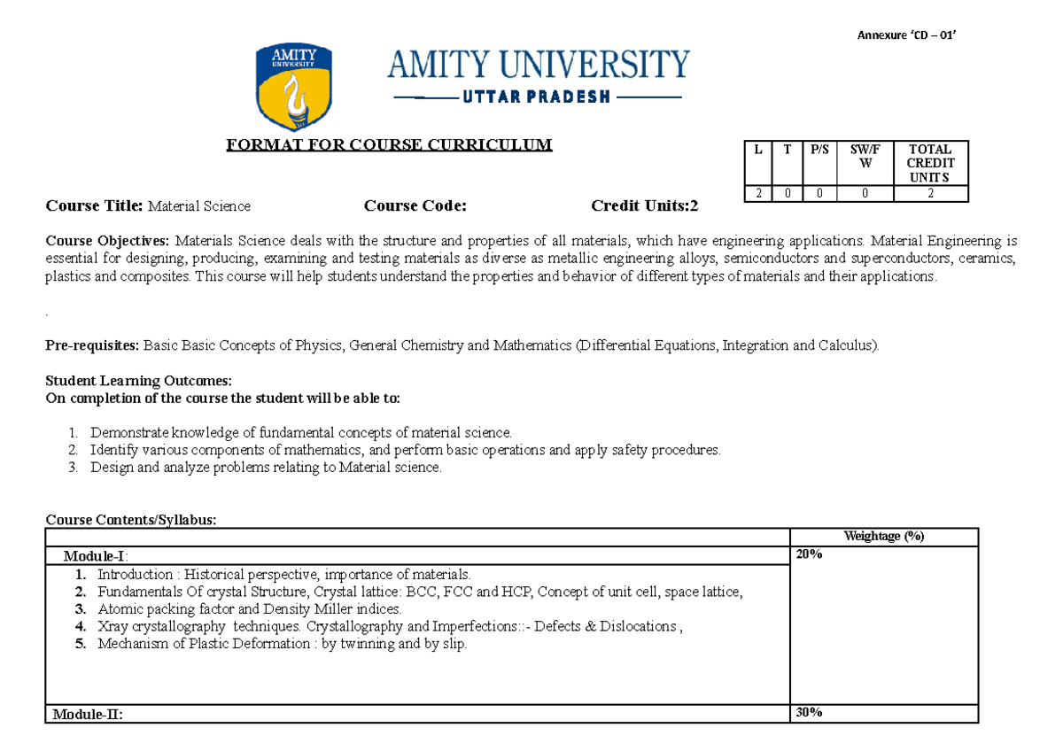 Material Science - MS Syyllabus - Annexure ‘CD – 01’ FORMAT FOR COURSE ...