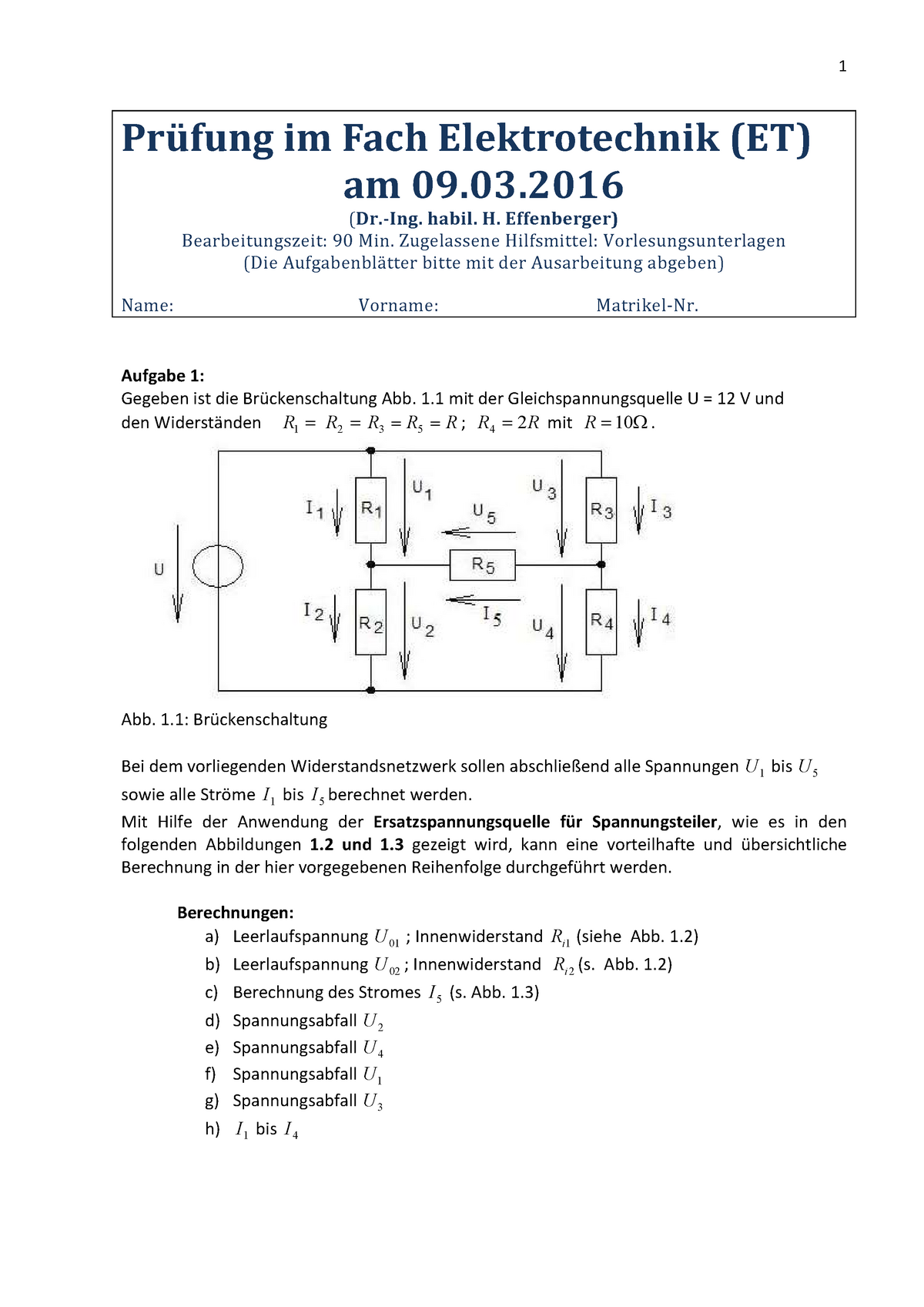 Klausur 2016, Fragen - 1 Prüfung Im Fach Elektrotechnik (ET) Am 09.03 ...