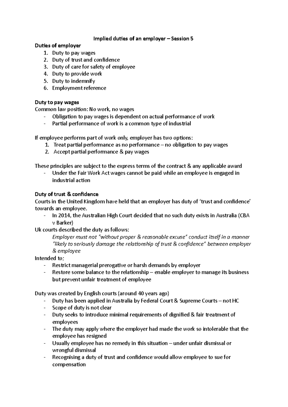Session 5 - Lecture notes - Implied duties of an employer – Session 5 ...