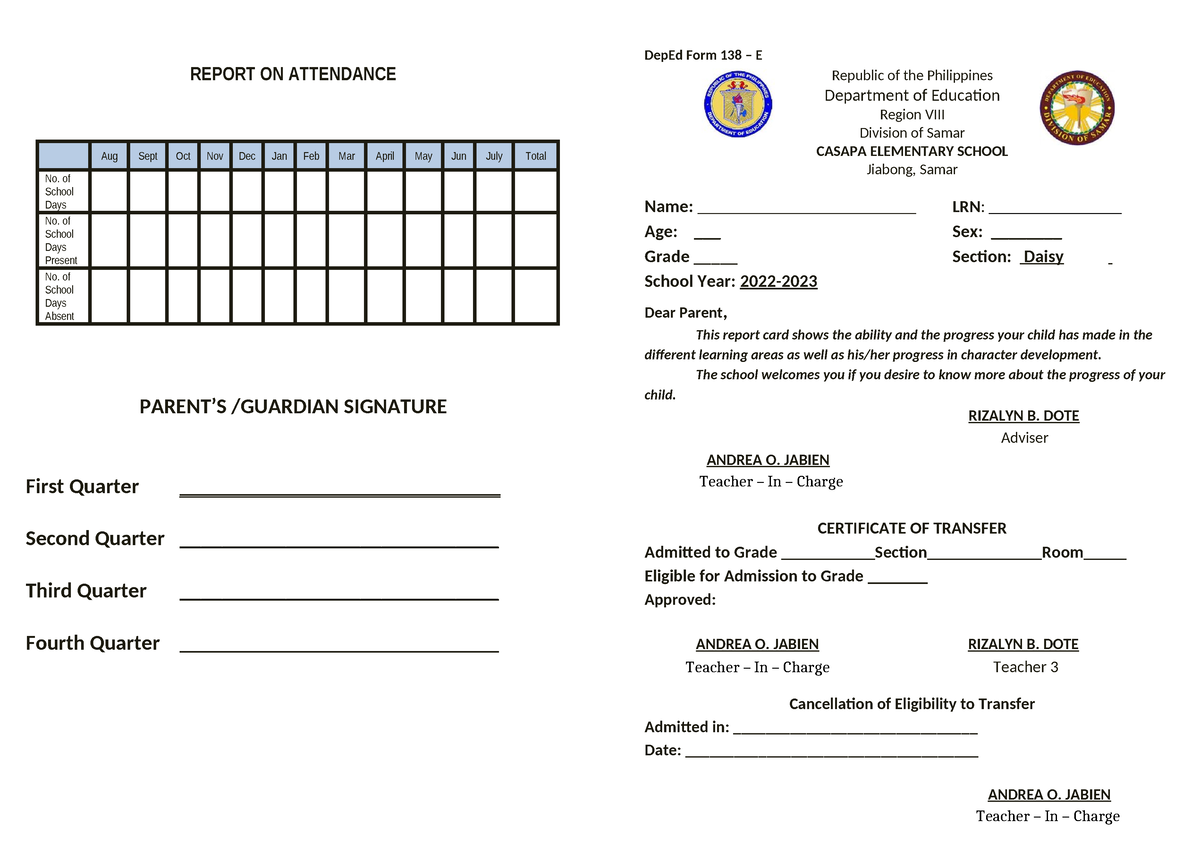 Form 138 K12 - updated - REPORT ON ATTENDANCE PARENT’S /GUARDIAN ...