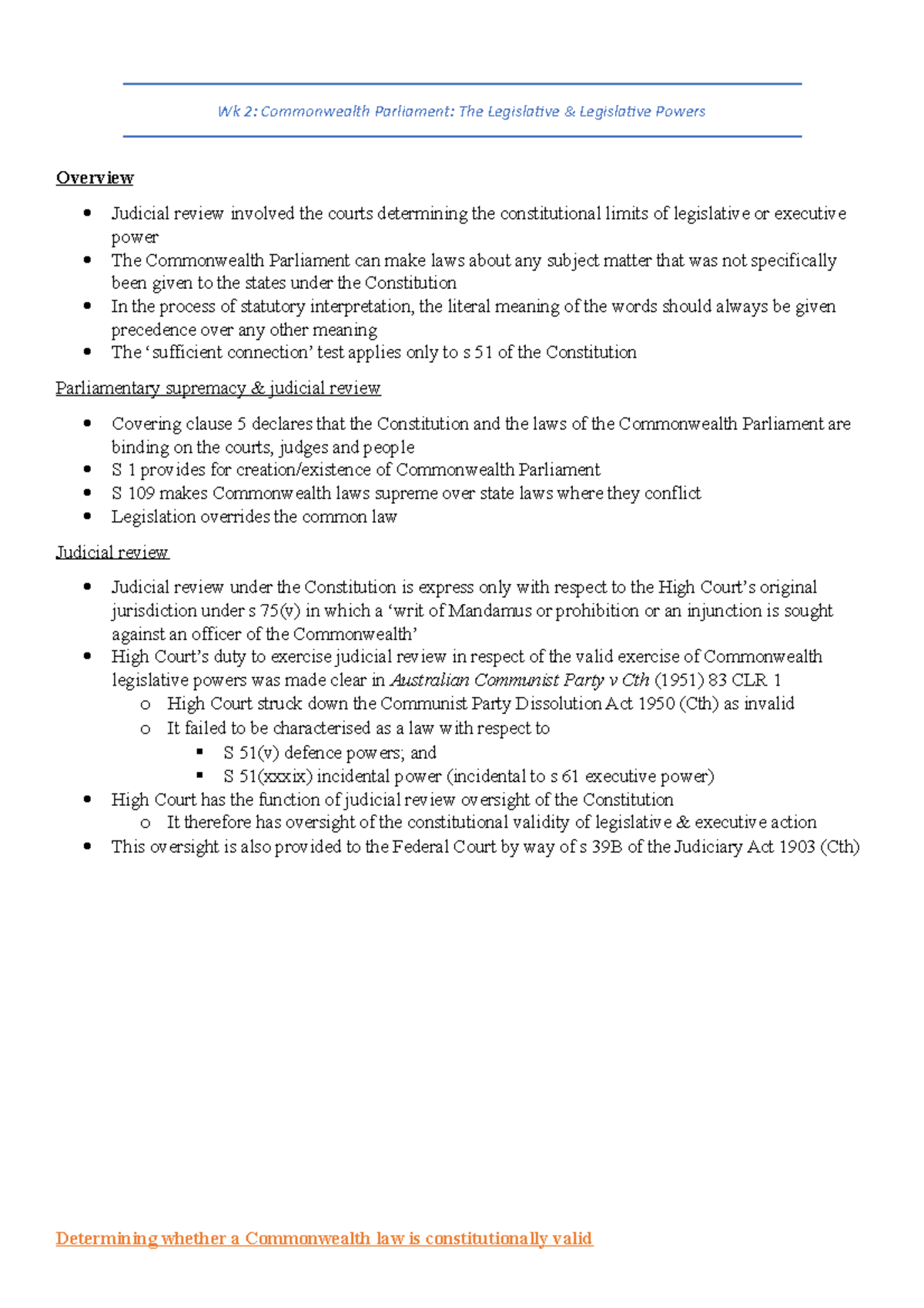 Topic 2 notes - Constitutional Law - Wk 2: Commonwealth Parliament: The ...