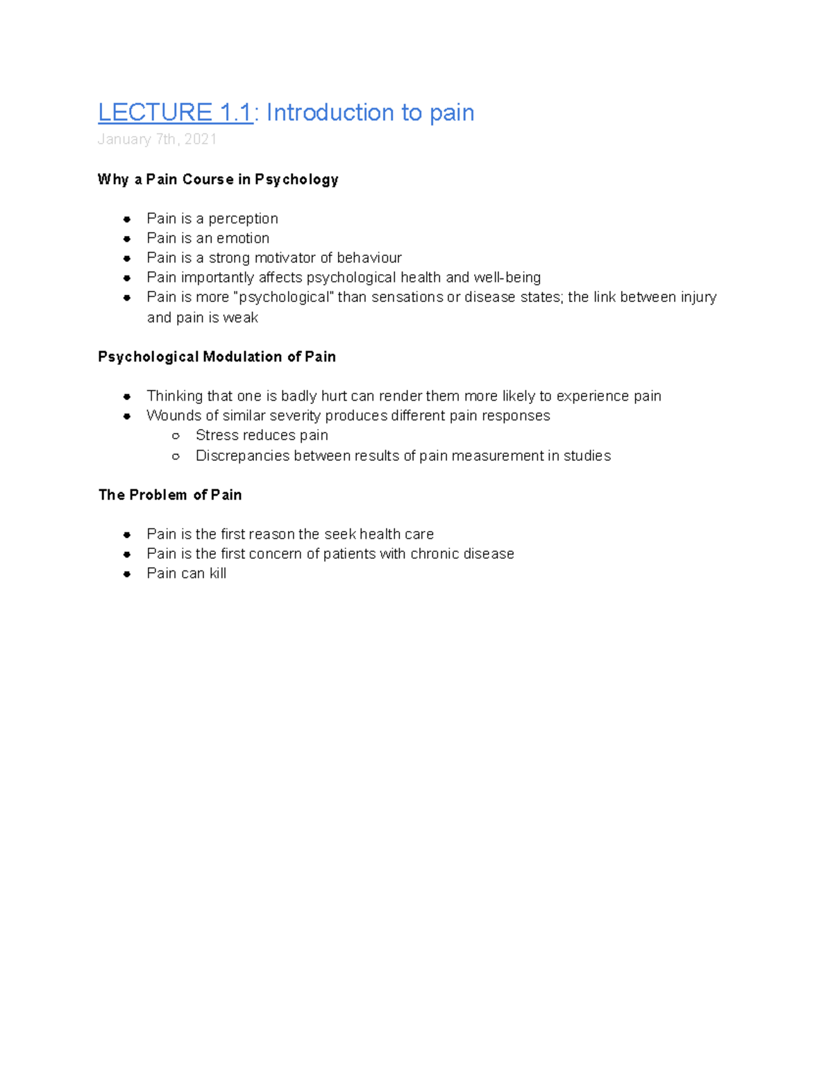Lecture 1.1 to 1.4: Introduction to pain - LECTURE 1: Introduction to ...