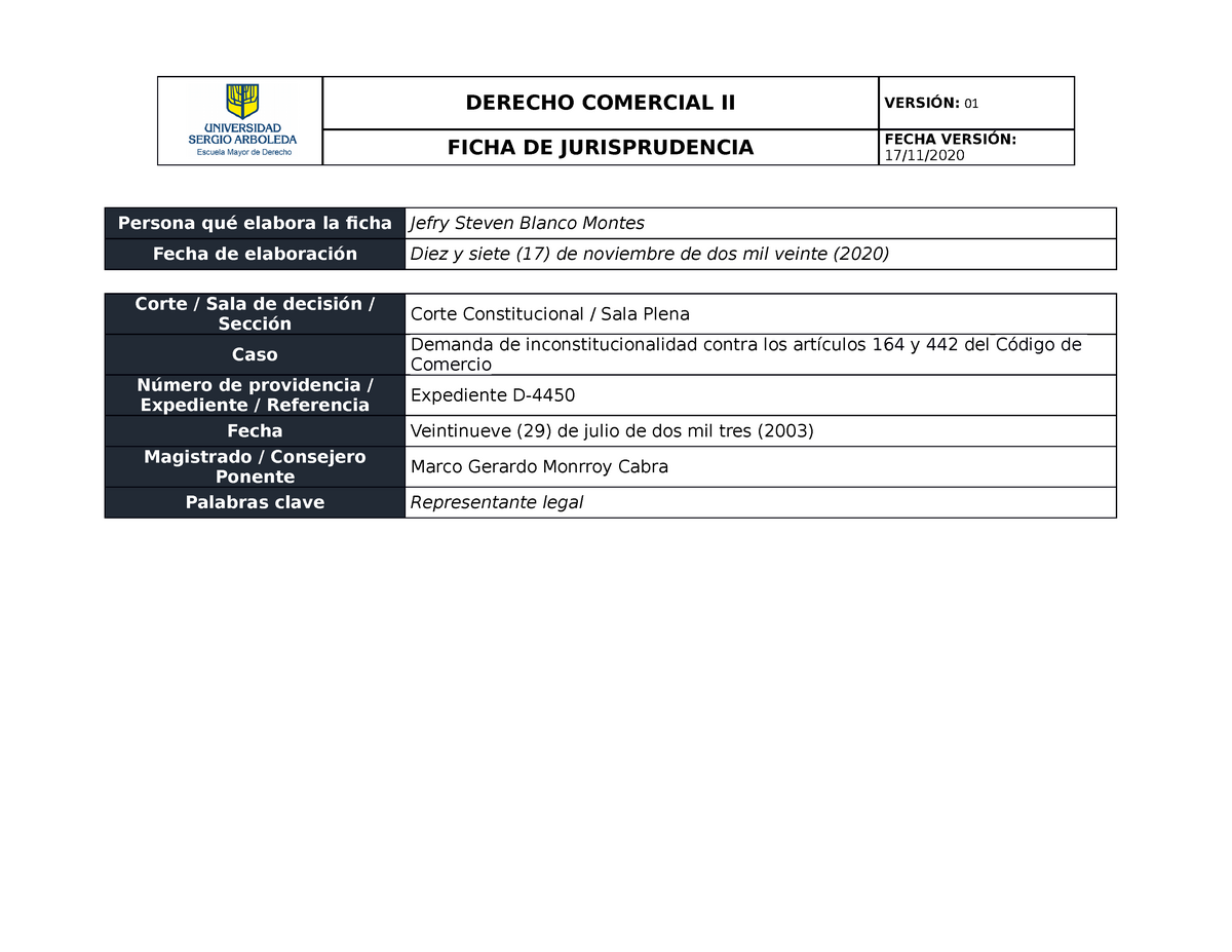 Analisis Jurisprudencial C621 03 ( Comercial) - FICHA DE JURISPRUDENCIA ...