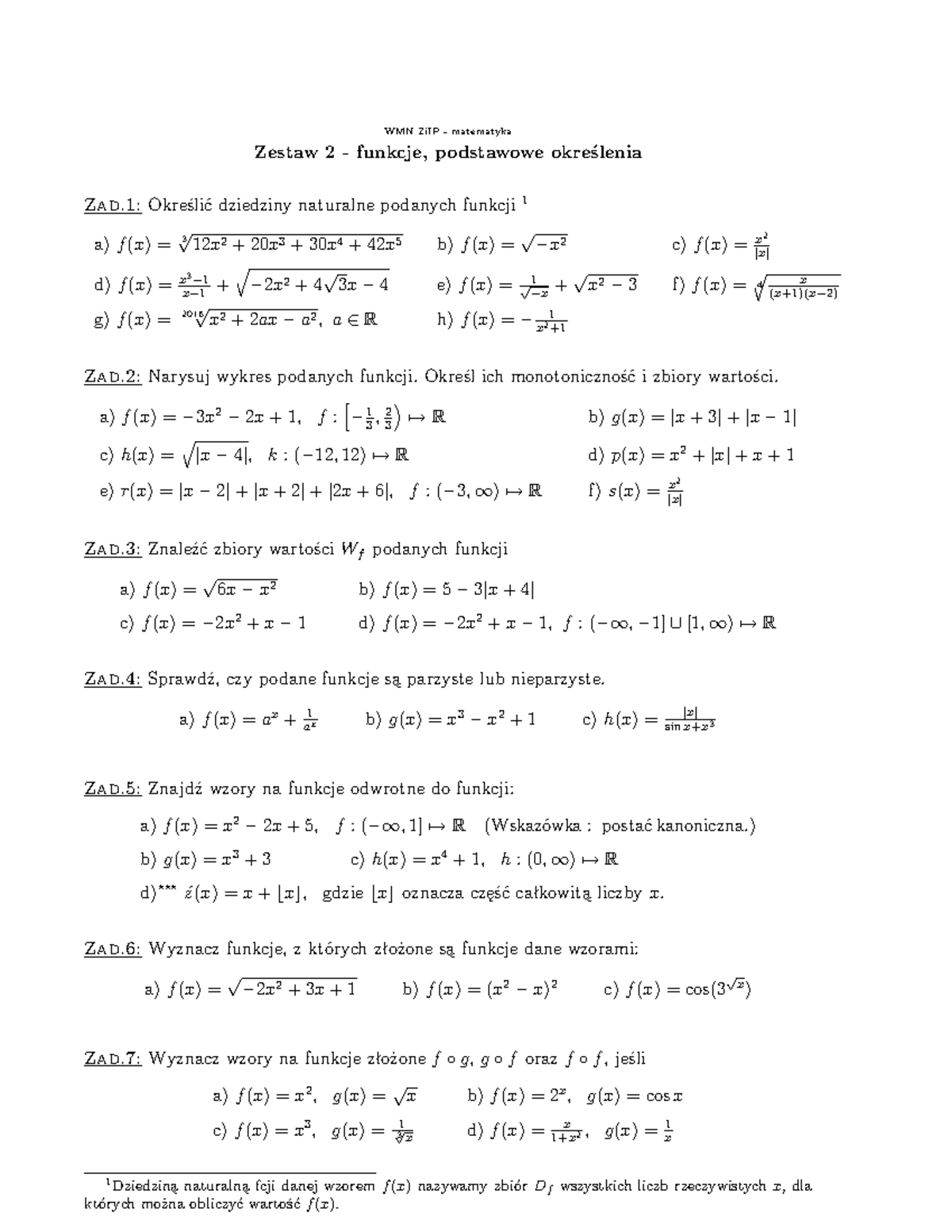 Z02 Funkcje Elementarne Ciagi Liczbowe I Ich Granice Granice Funkcji Funkcje Wmn Ziip Matematyka Zestaw Funkcje Podstawowe Okre Lenia Zad Okre Li Dziedziny Studocu