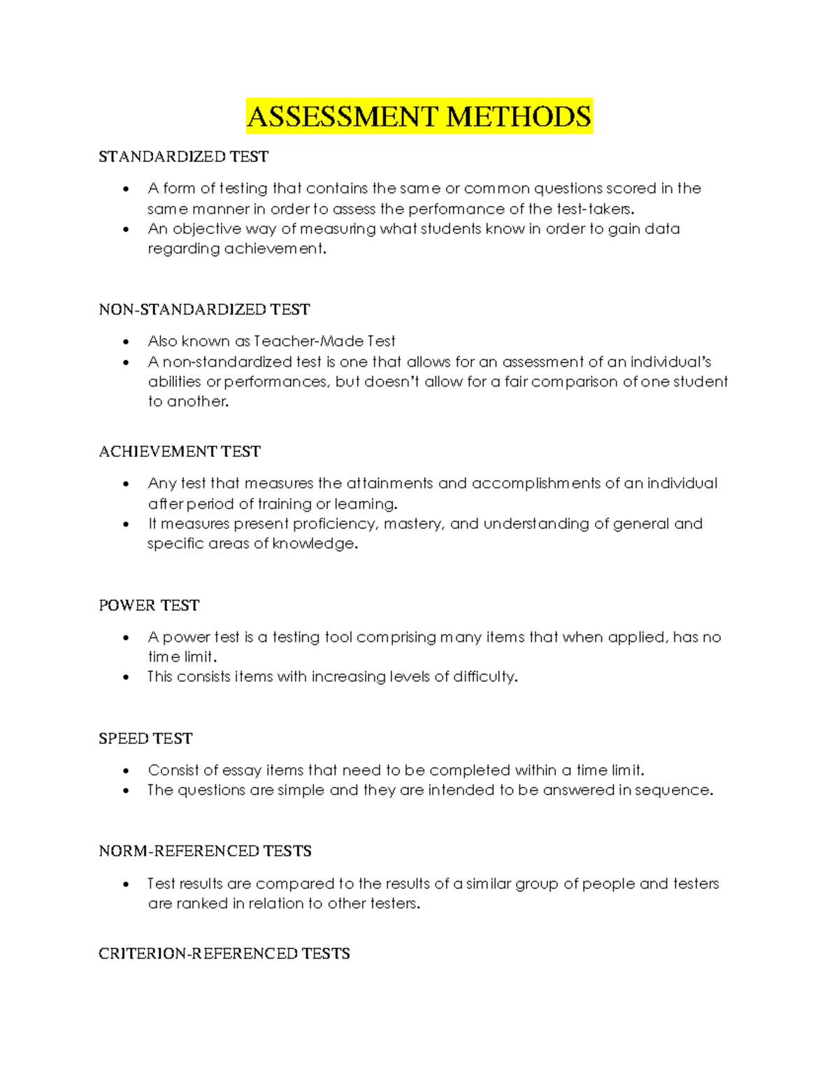 EDU-601-FS P2-Report - ASSESSMENT METHODS STANDARDIZED TEST A form of ...