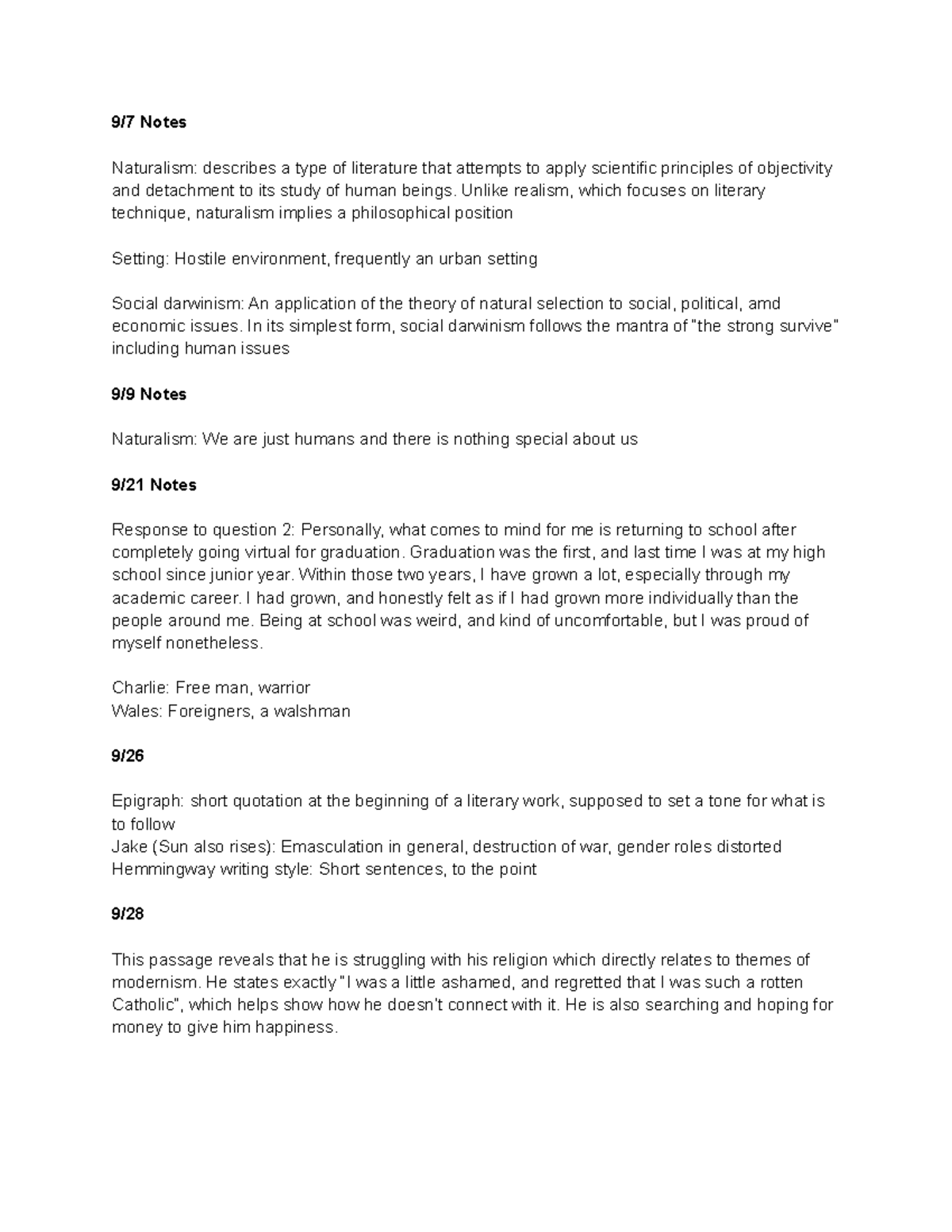 American Lit - class notes - 9/7 Notes Naturalism: describes a type of ...