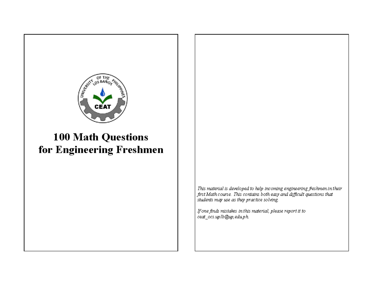 100 Math Questions for Engineering Freshmen - This contains both easy ...