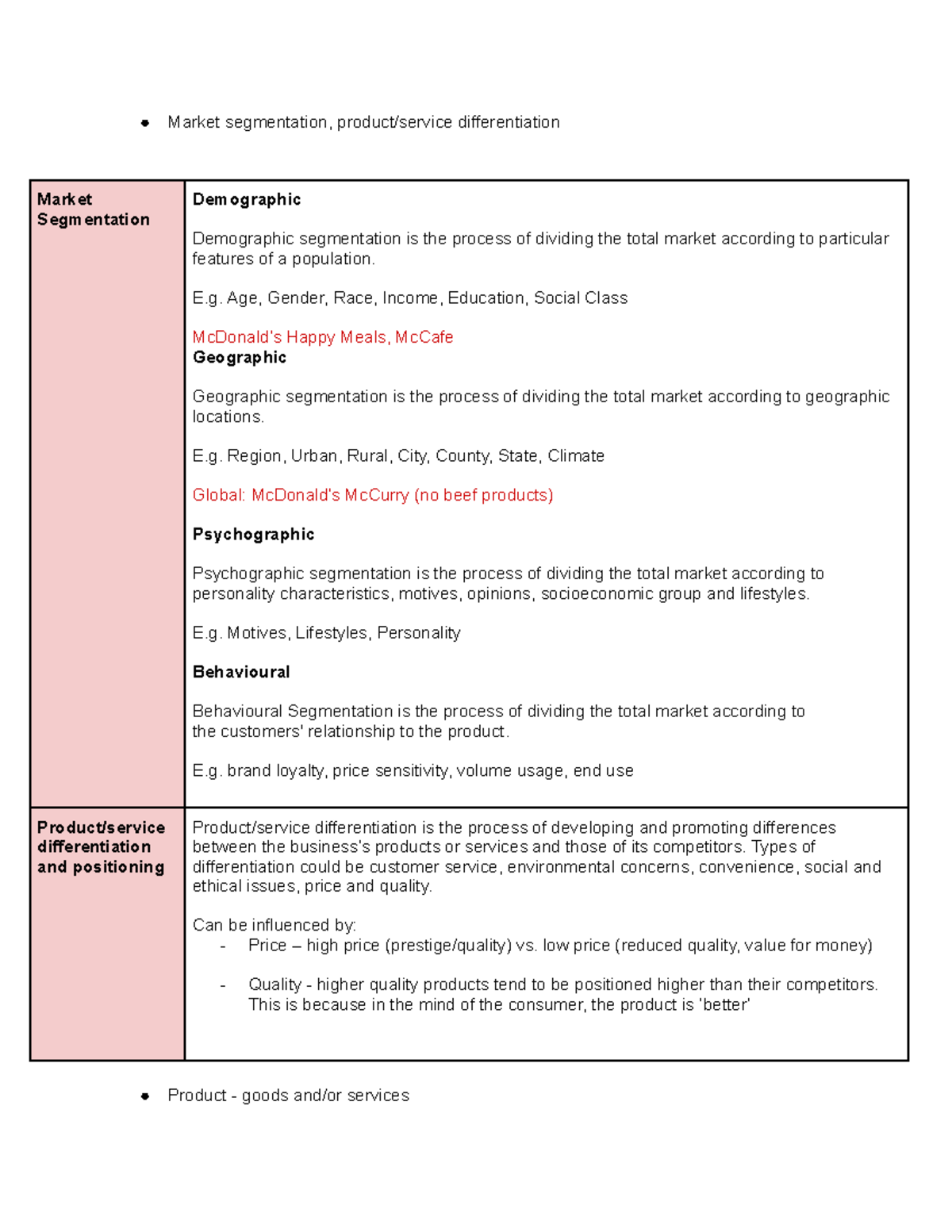 Marketing Strategies Notes - Market segmentation, product/service ...