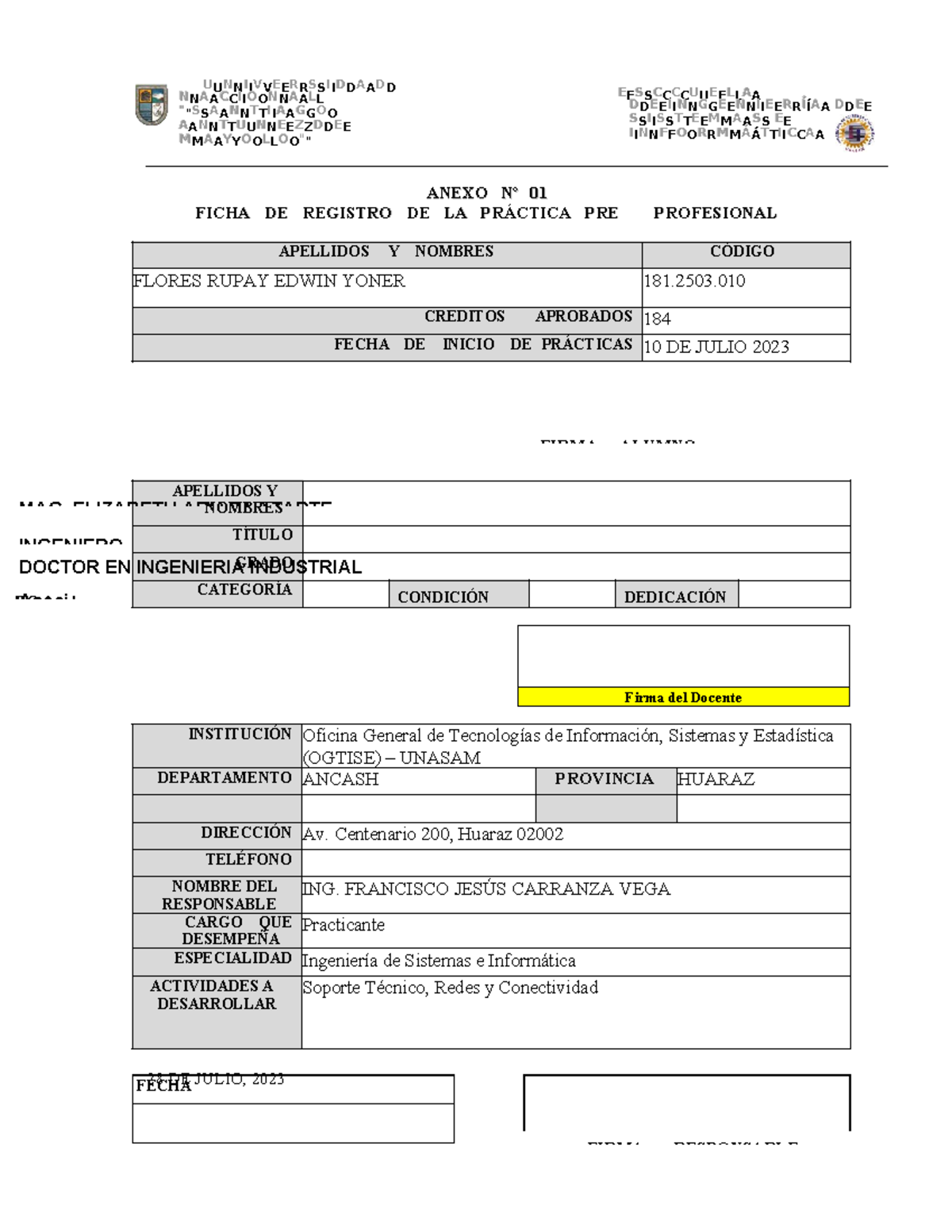 03. Ficha DE Registro 2023-I - 1. DATOS DEL ALUMNO 2. DATOS DEL DOCENTE ...