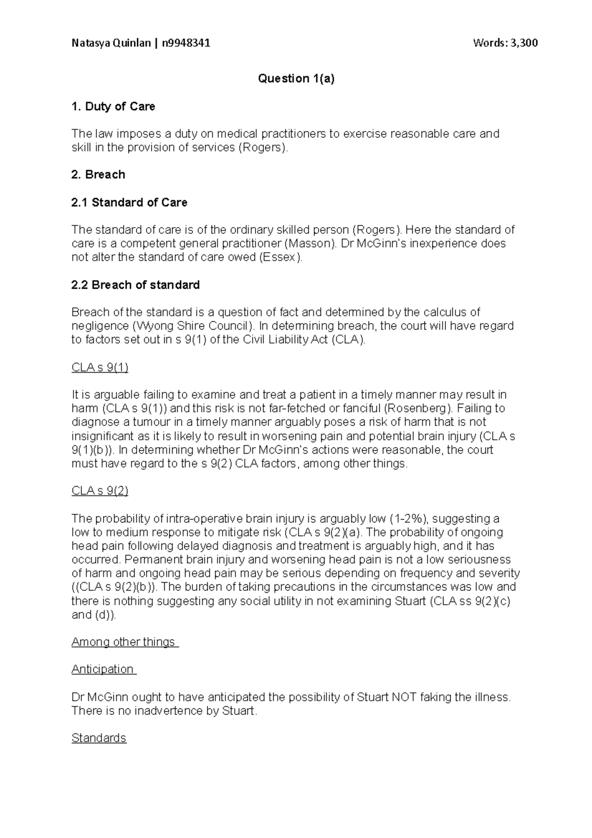 Health Law Exam Answer - Question 1(a) 1. Duty Of Care The Law Imposes 