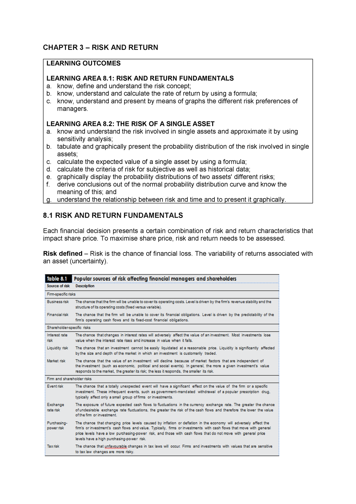 LA 8 Chapter 8 Risk and return - CHAPTER 3 – RISK AND RETURN LEARNING ...