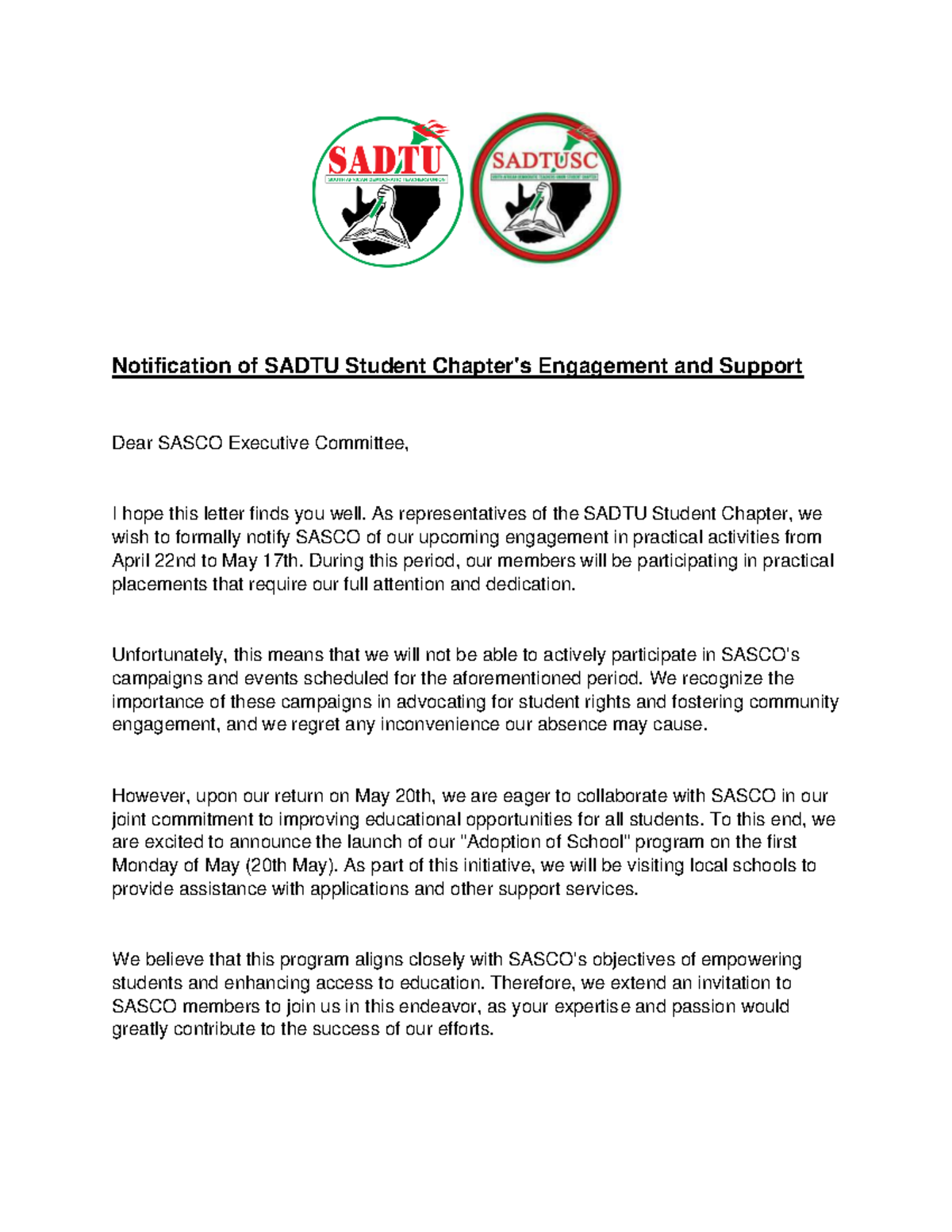 Sadtusc Engagement Notice- April&MAY - Notification of SADTU Student ...