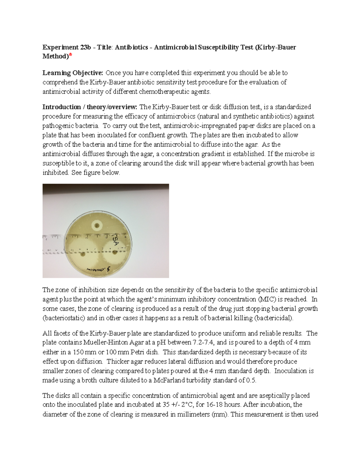 Antibiotics - Antimicrobial Susceptibility Kirby Bauer Test - Experiment  23b - Title : Antibiotics - - Studocu