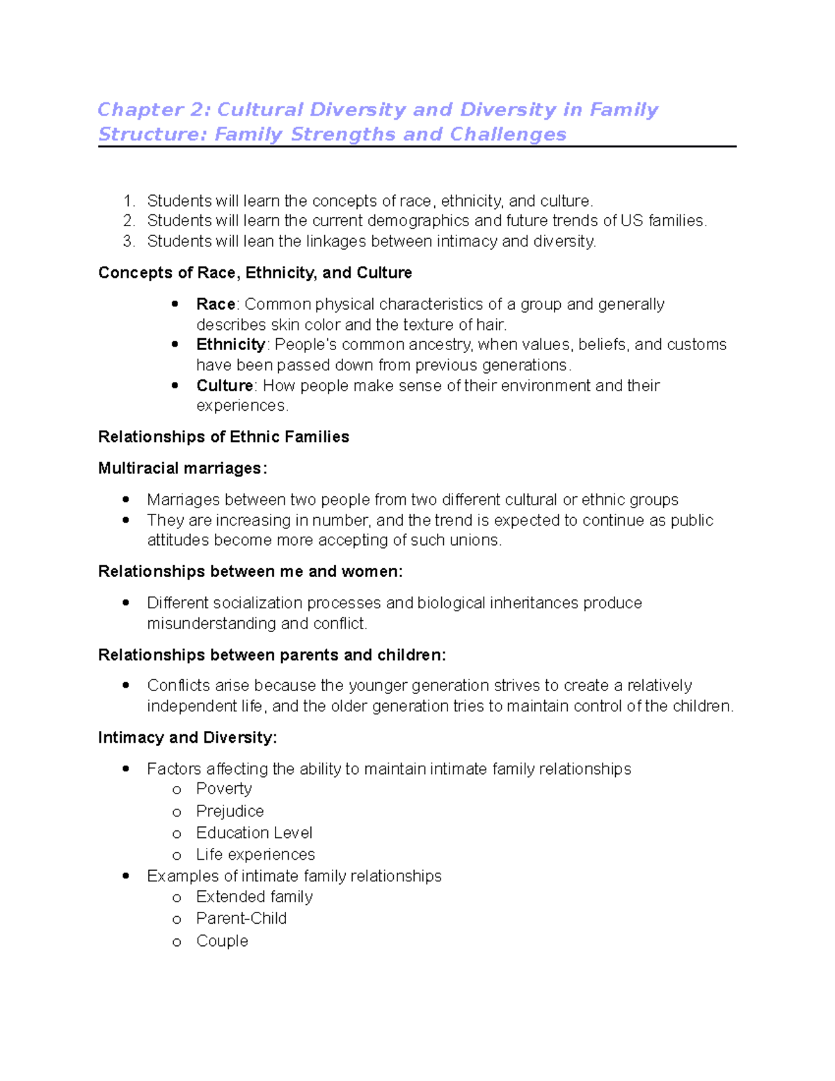 Chapter 2 Notes - Chapter 2: Cultural Diversity And Diversity In Family ...