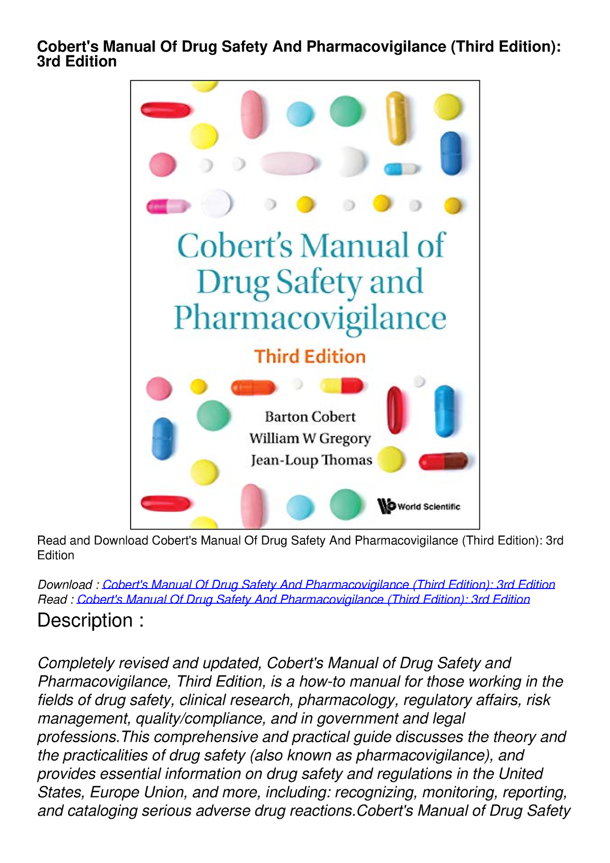 READ [PDF] Cobert's Manual Of Drug Safety And Pharmacovigilance (Third ...