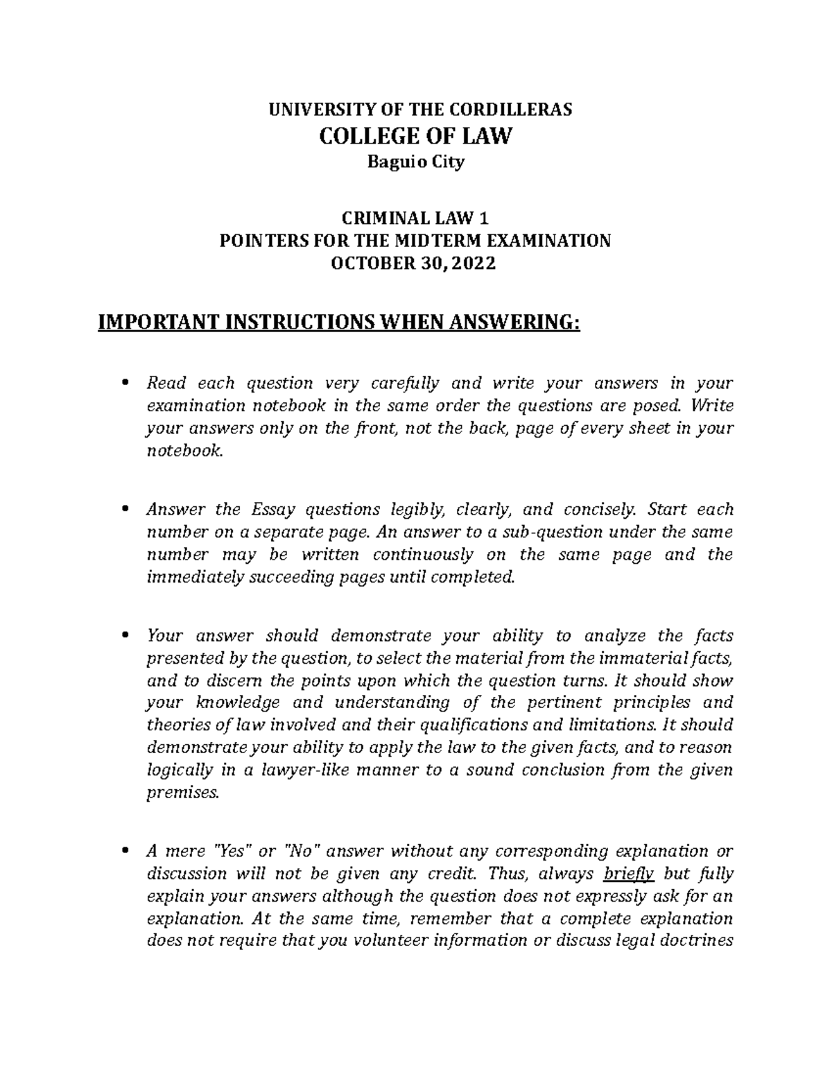 Criminal Law Pointers Collins UNIVERSITY OF THE CORDILLERAS COLLEGE