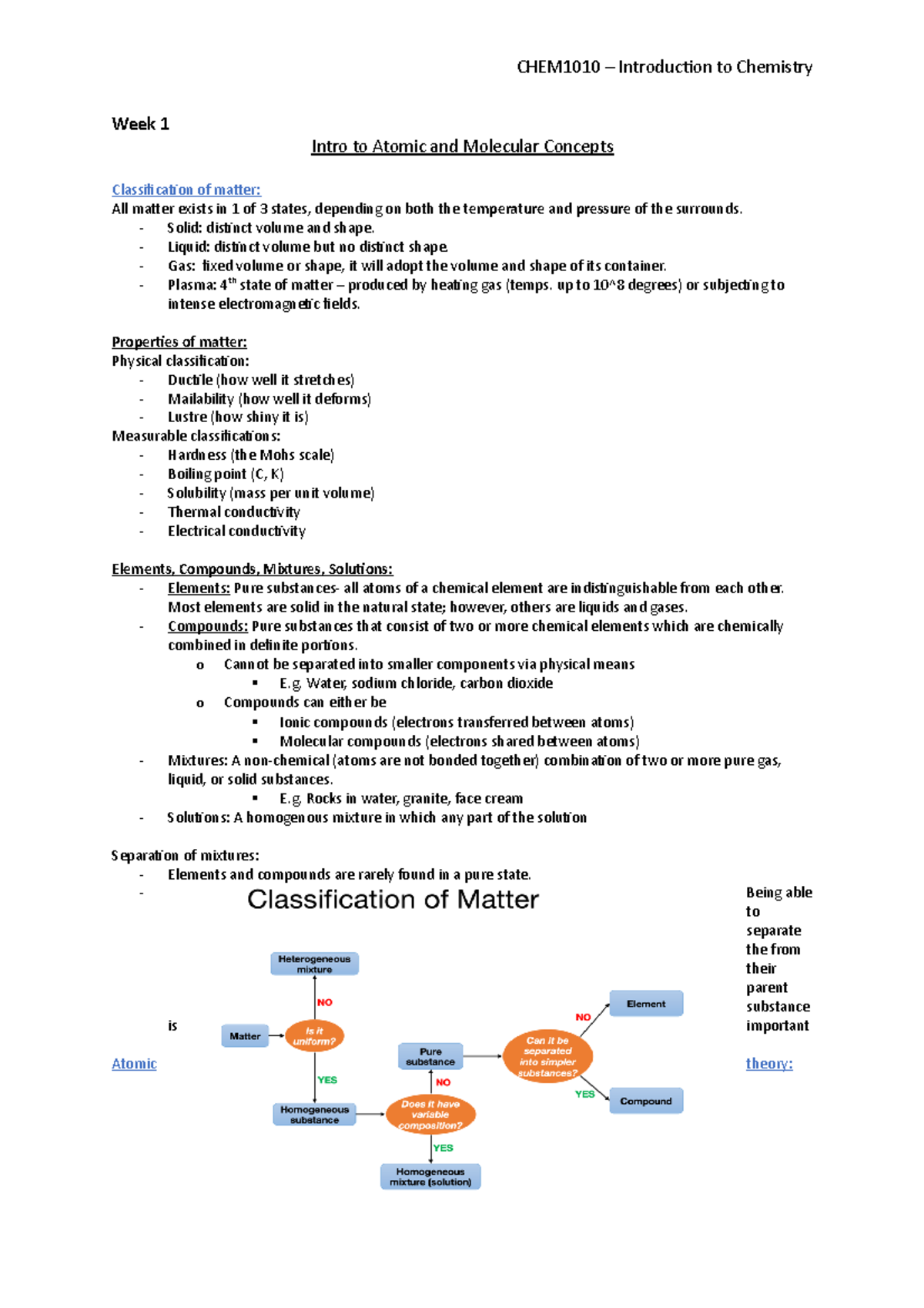 CHEM1010 Sem 1 - summaries week 1-12 2021 - CHEM1010 Introduction to ...