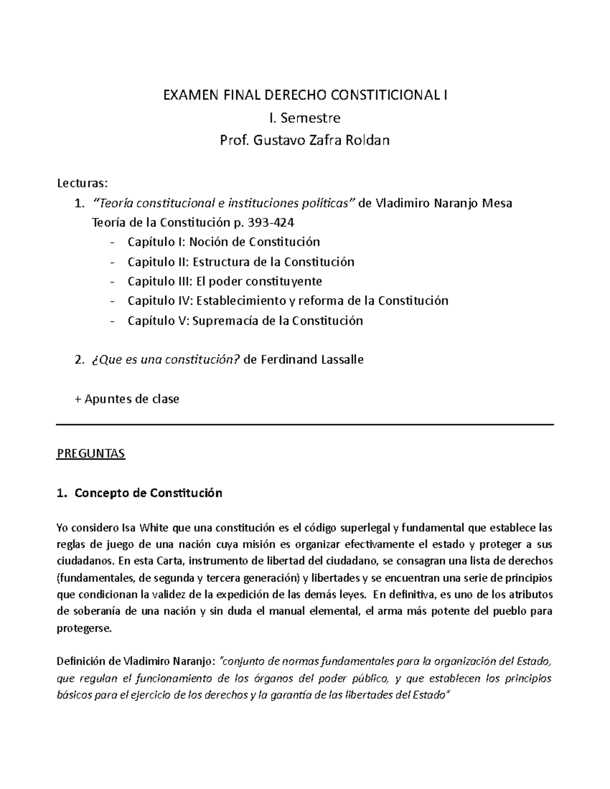 Examen Final Derecho Constitucional I - EXAMEN FINAL DERECHO ...