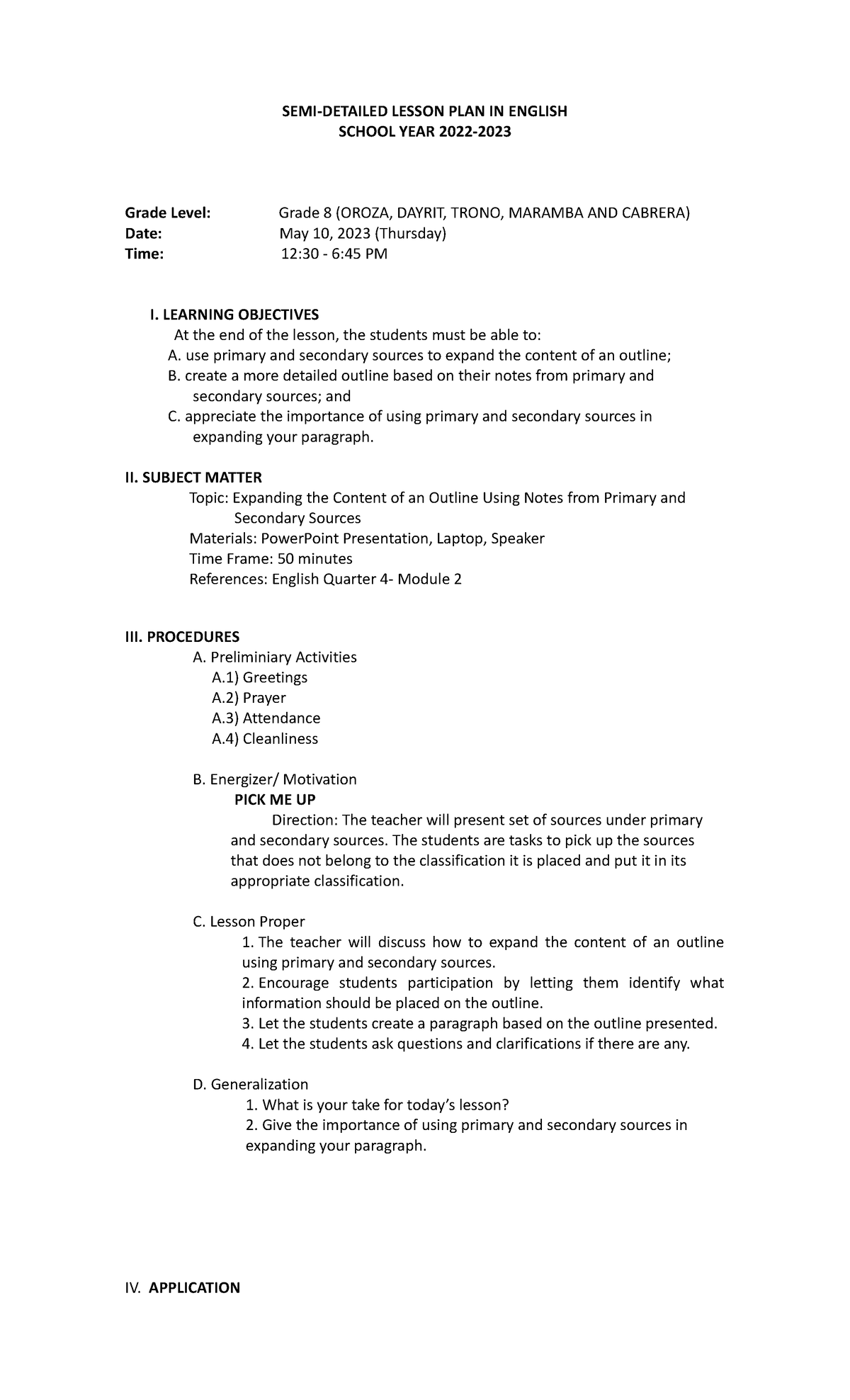 Expanding AN Outline LP - SEMI-DETAILED LESSON PLAN IN ENGLISH SCHOOL ...