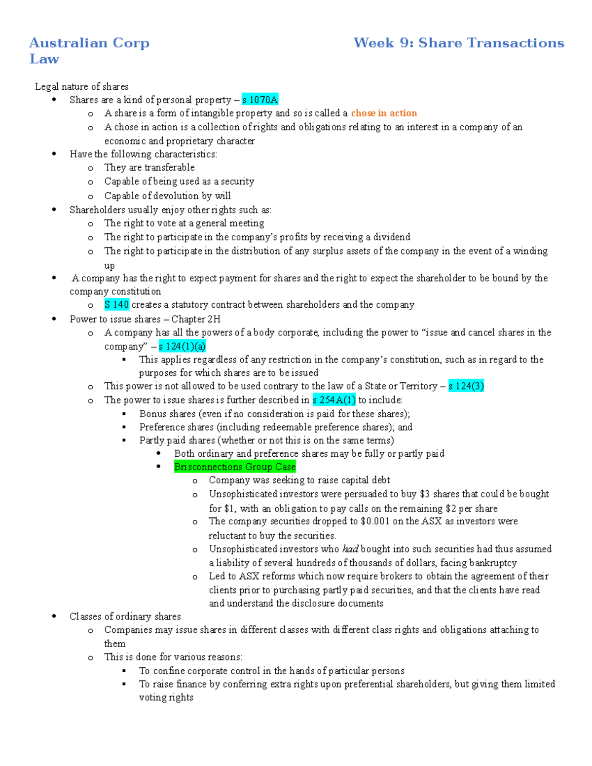 Topic 9 Notes - Corporations Law A - Law Legal nature of shares Shares ...