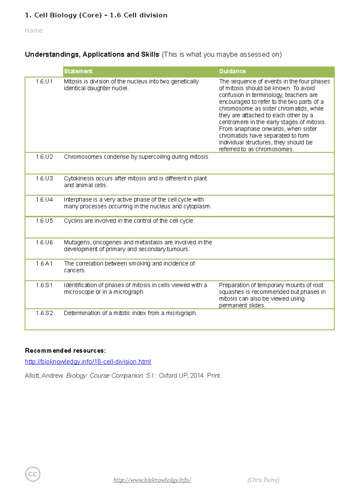 Bio K DP Notes 1 - dwiwn - 1. Cell Biology (Core) – 1 Cell division ...