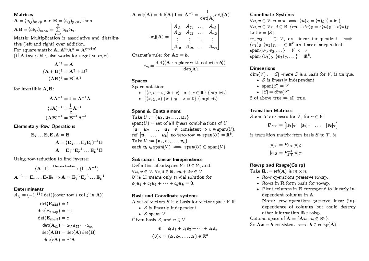 Cheatsheet - Matrices A = (aij )m×p and B = (bij )p×n, then AB = (abij ...