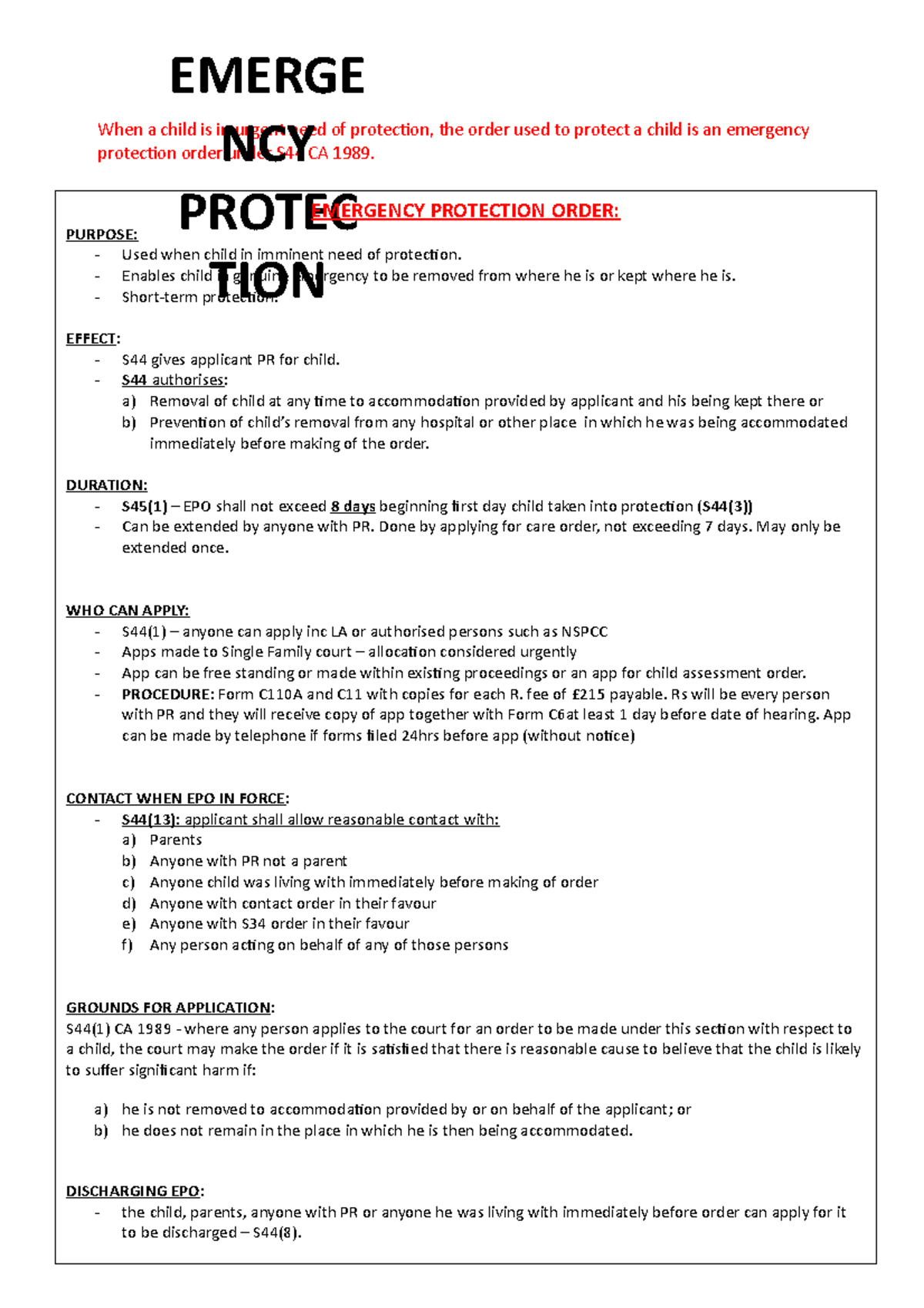 Emergency protection orders When a child is in urgent need of