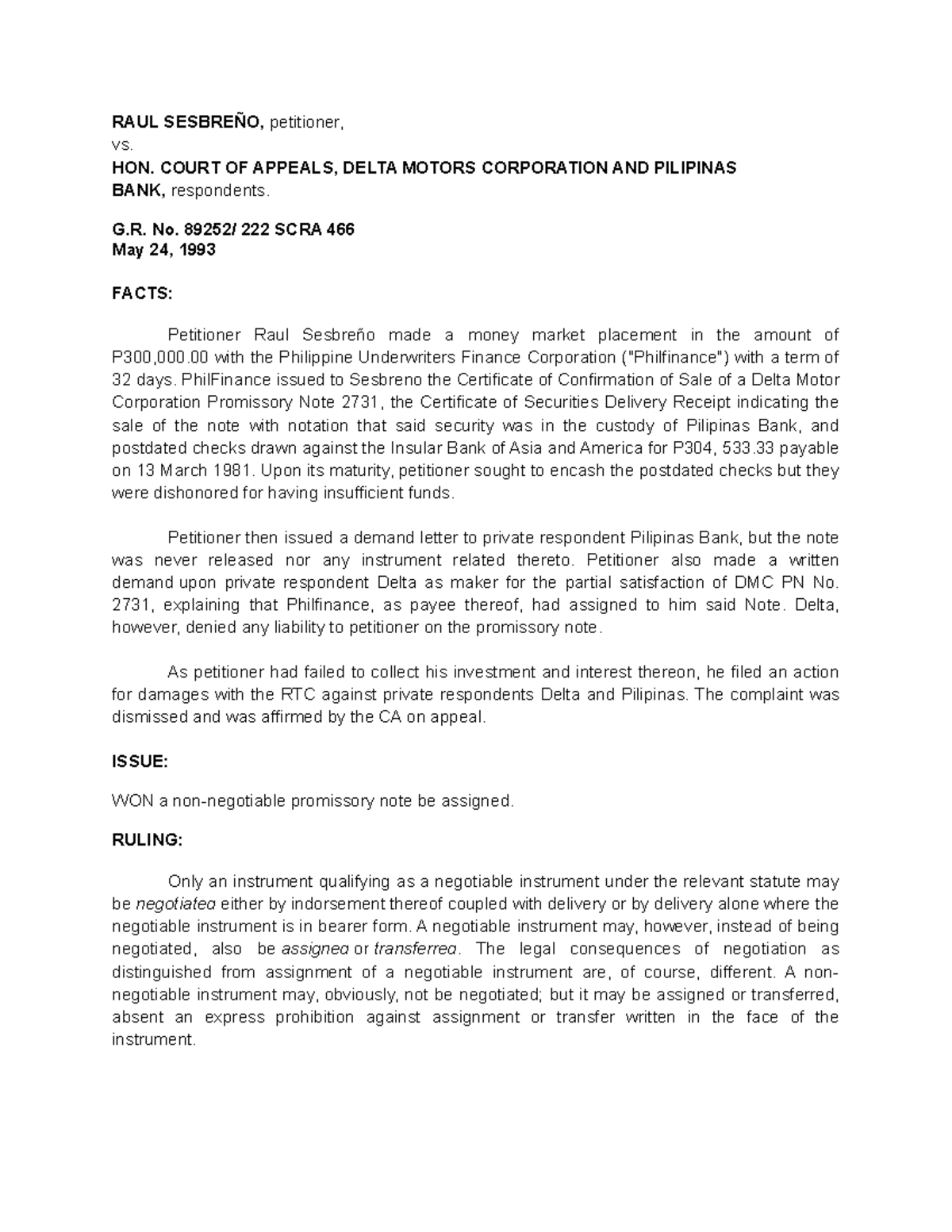 Scribfree Constitutional Law RAUL SESBREÑO, petitioner, vs. HON