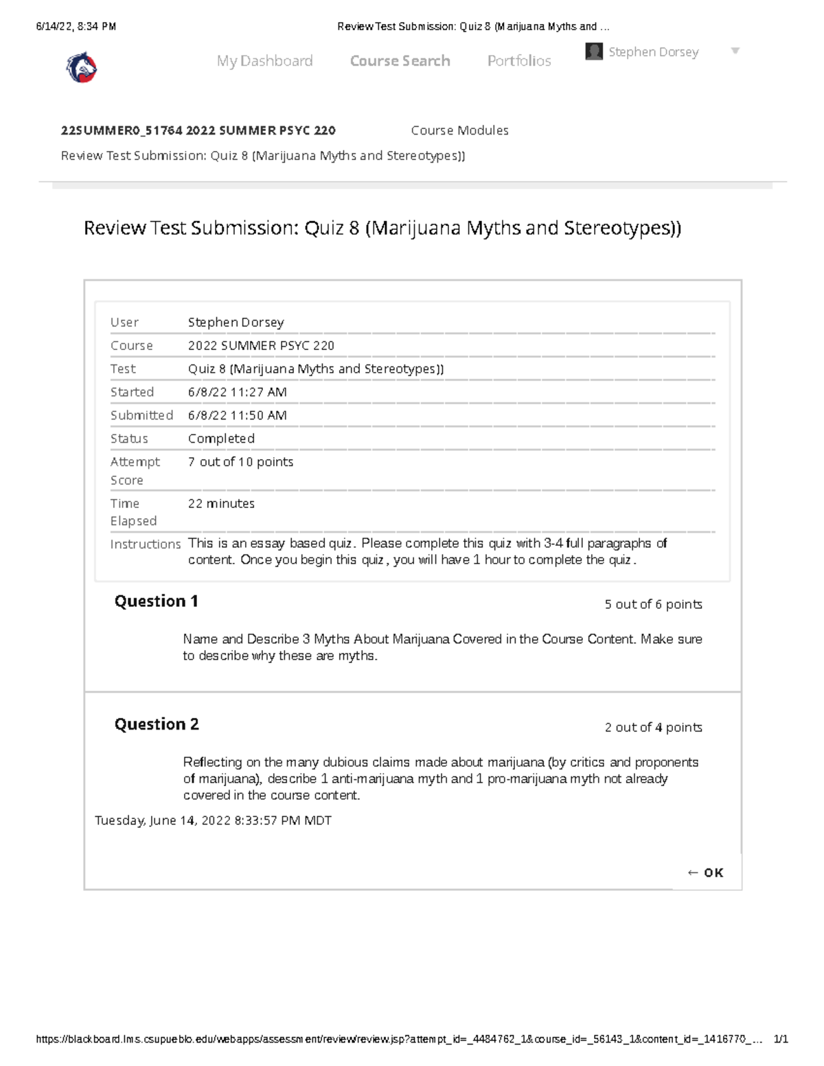 Review Test Submission Quiz 8 (Marijuana Myths and .. Studocu