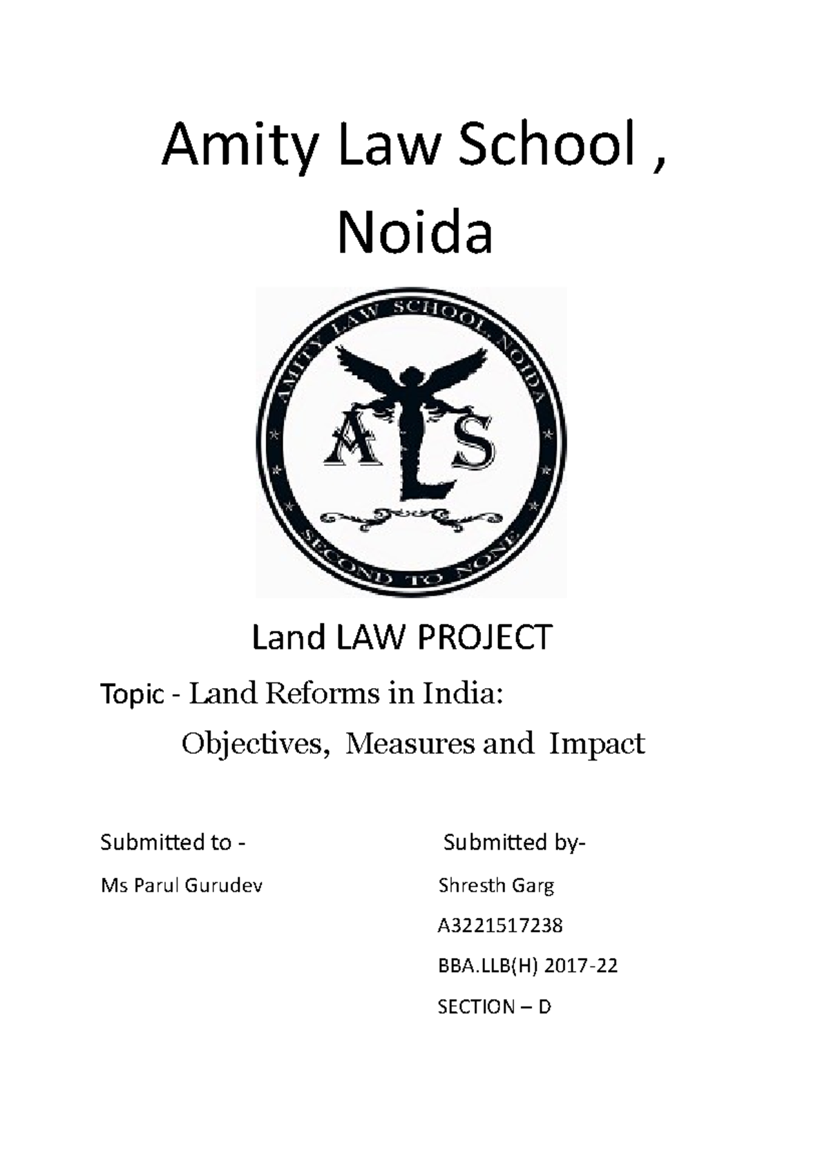 Labour law project Amity Law School , Noida Land LAW PROJECT Topic