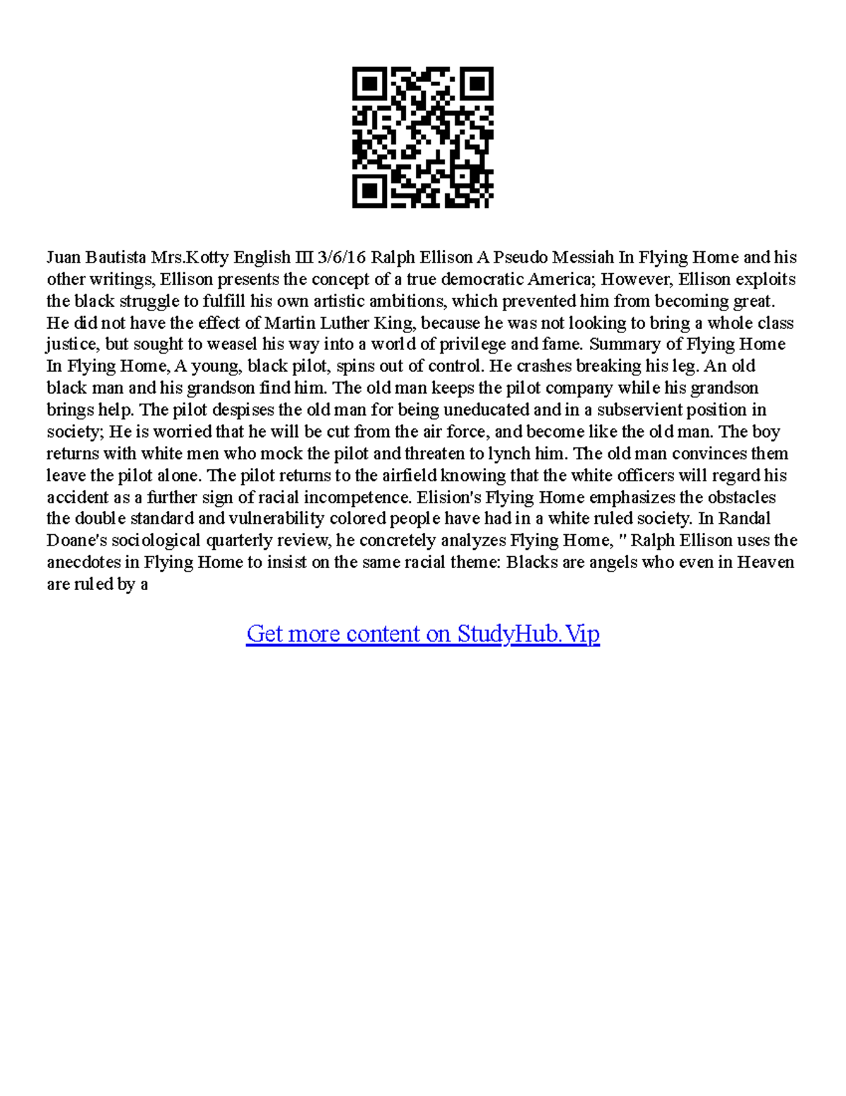 Ralph Ellison Essays - Juan Bautista Mrs English III 3/6/16 Ralph ...