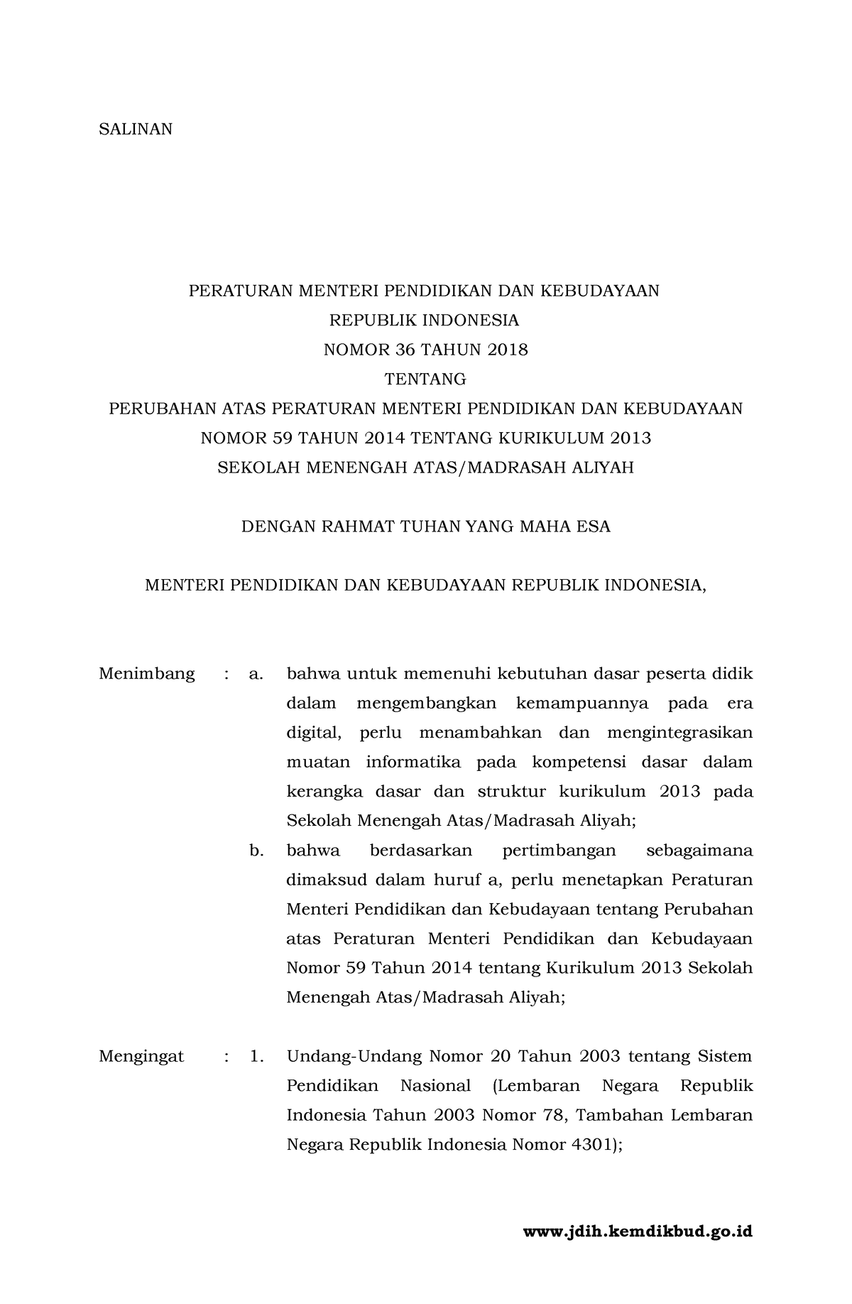 Permendikbud Nomor 36 Tahun 2018 - SALINAN ENTERI PENDIDIKAN DAN ...