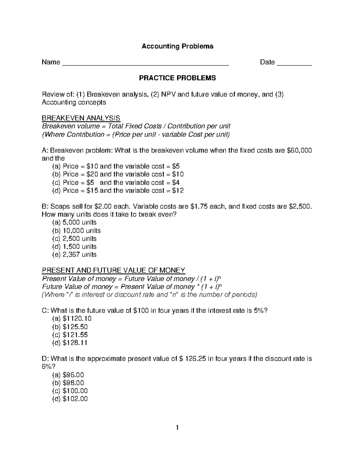 Accounting Problems - final exam review - Accounting Problems Name ...