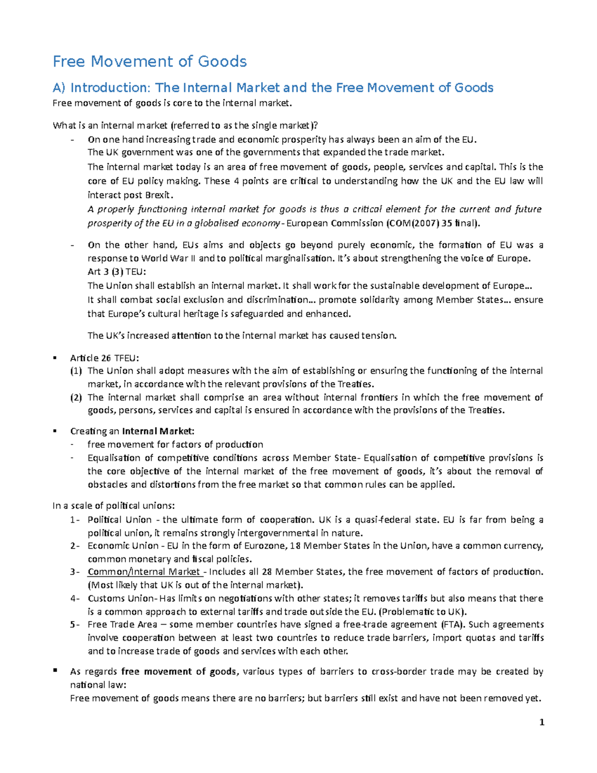 Free movement of goods notes - Free Movement of Goods A) Introduction ...