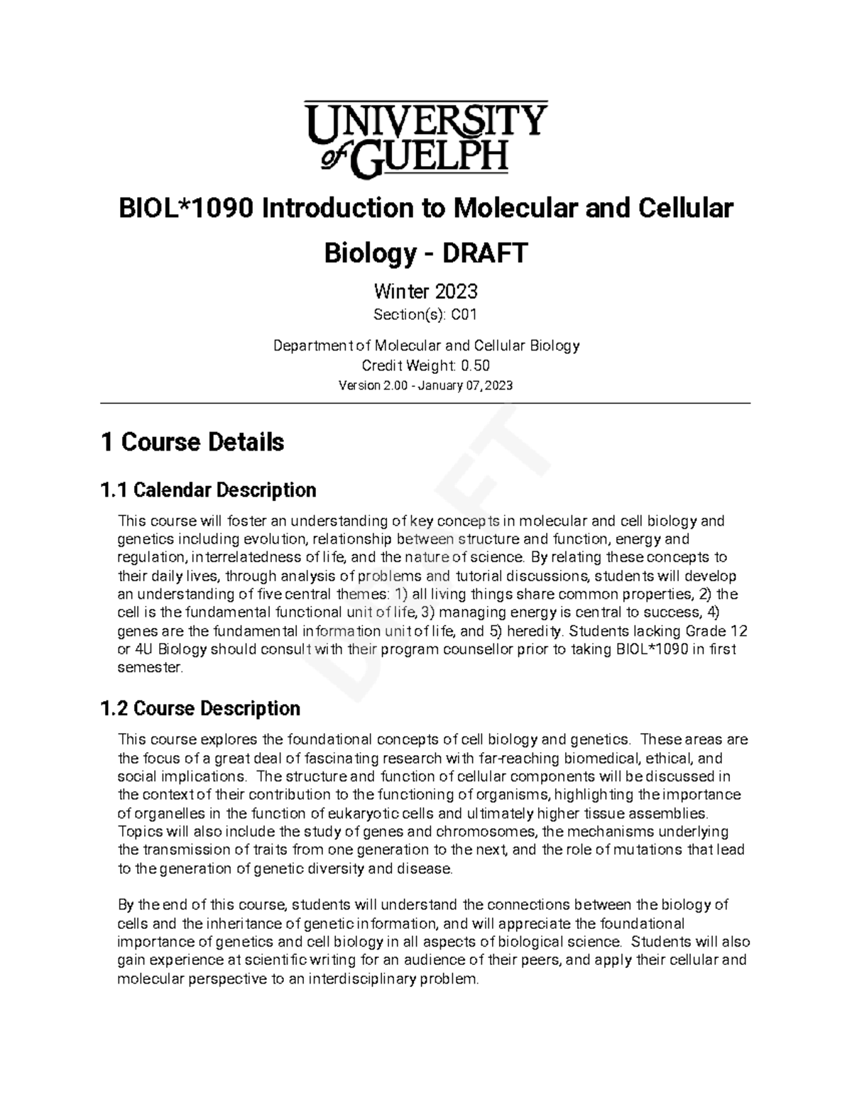 BIOL 1090 W23 Course Outline - BIOL*1090 Introduction To Molecular And ...