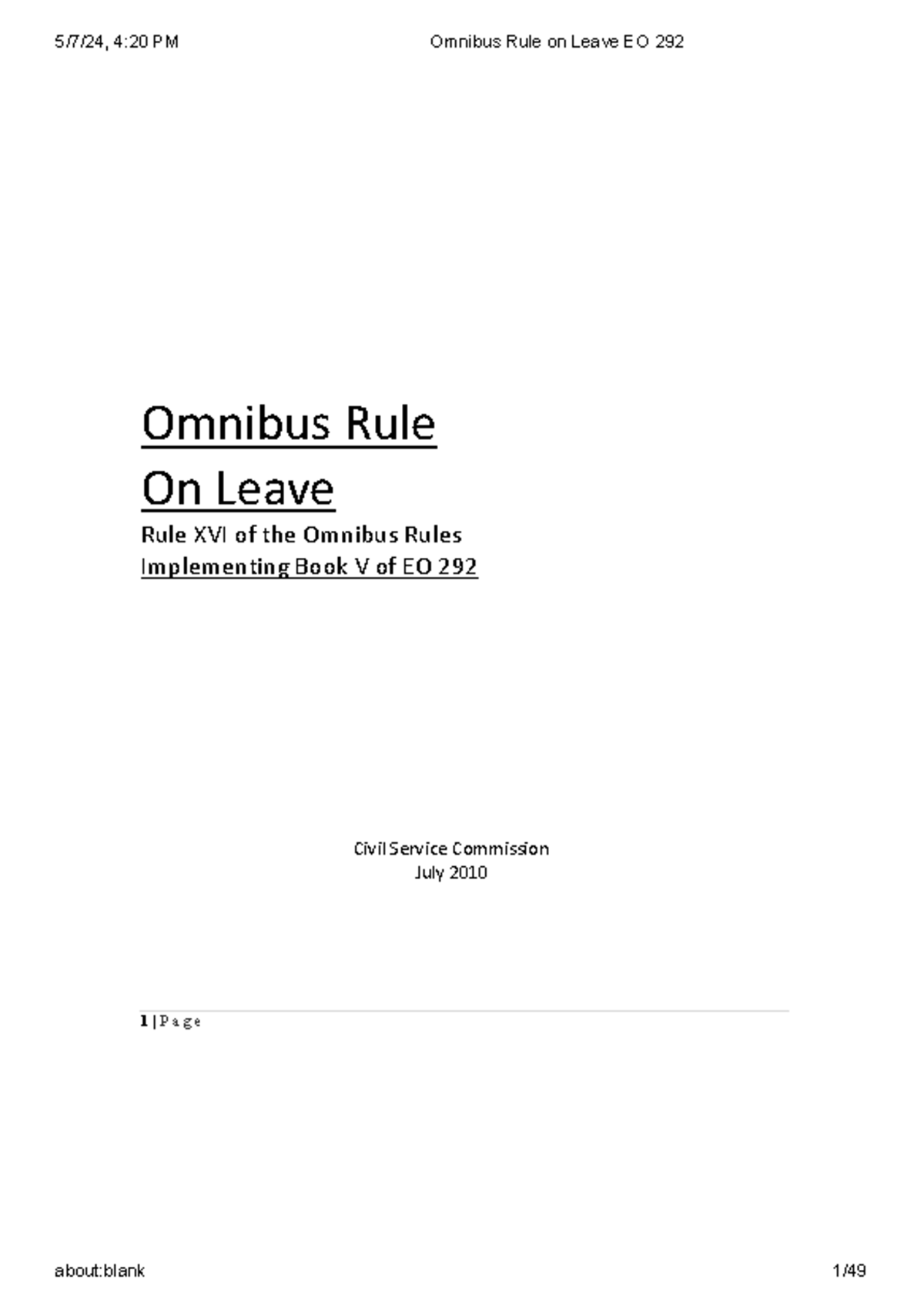 Omnibus Rule on Leave EO 292 - 1 | P a g e Omnibus Rule On Leave Rule ...