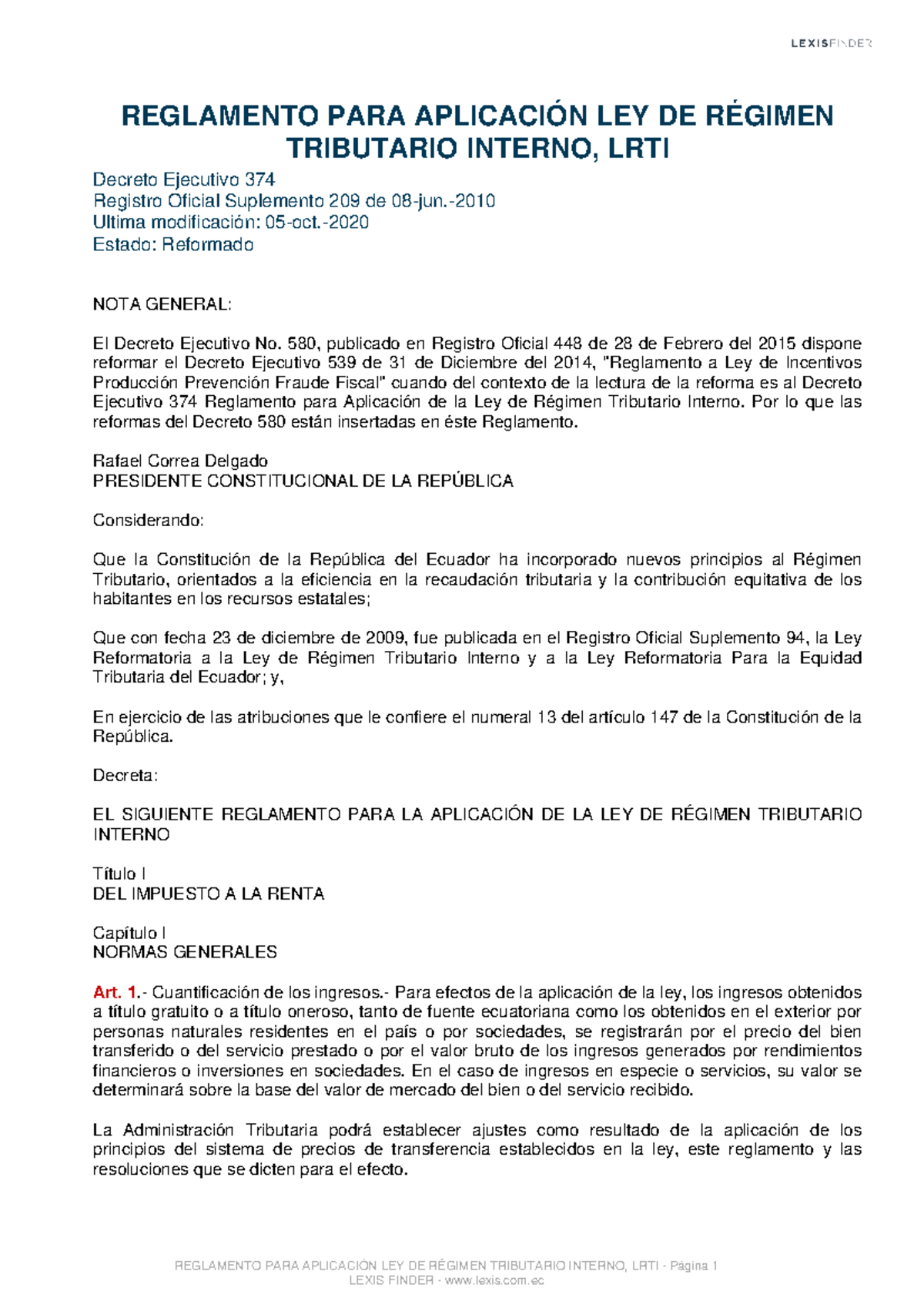 Reglamento Aplicación DE LA LEY DE Regimen Tributario Interno ...