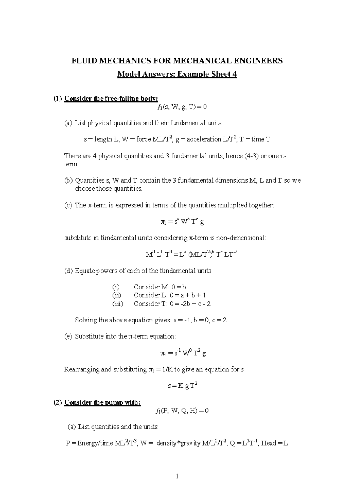 Fluid mechanics Answer sheet 4 FLUID MECHANICS FOR MECHANICAL