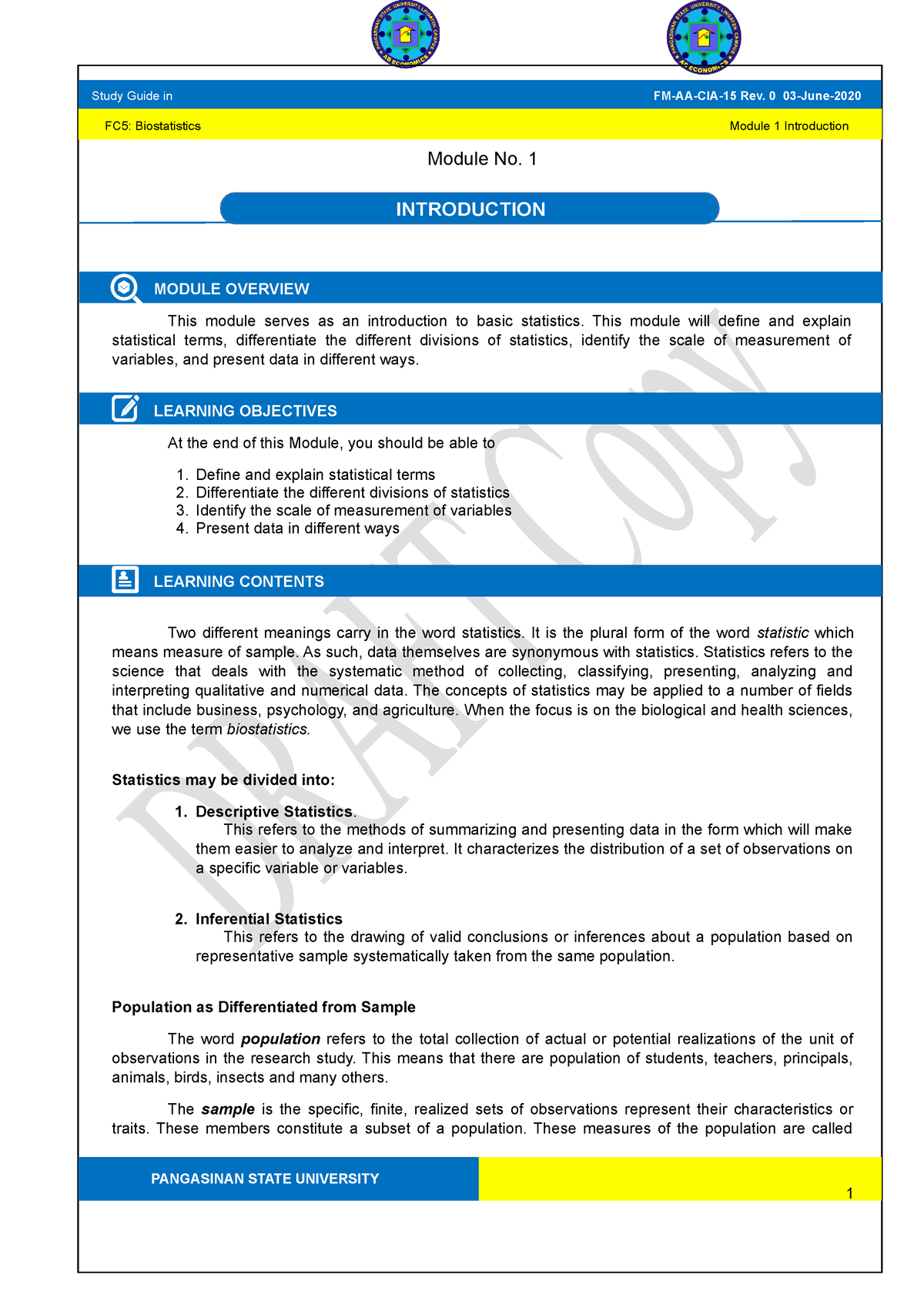 Business stat Study-Guide 1 - Module No. 1 MODULE OVERVIEW This module ...