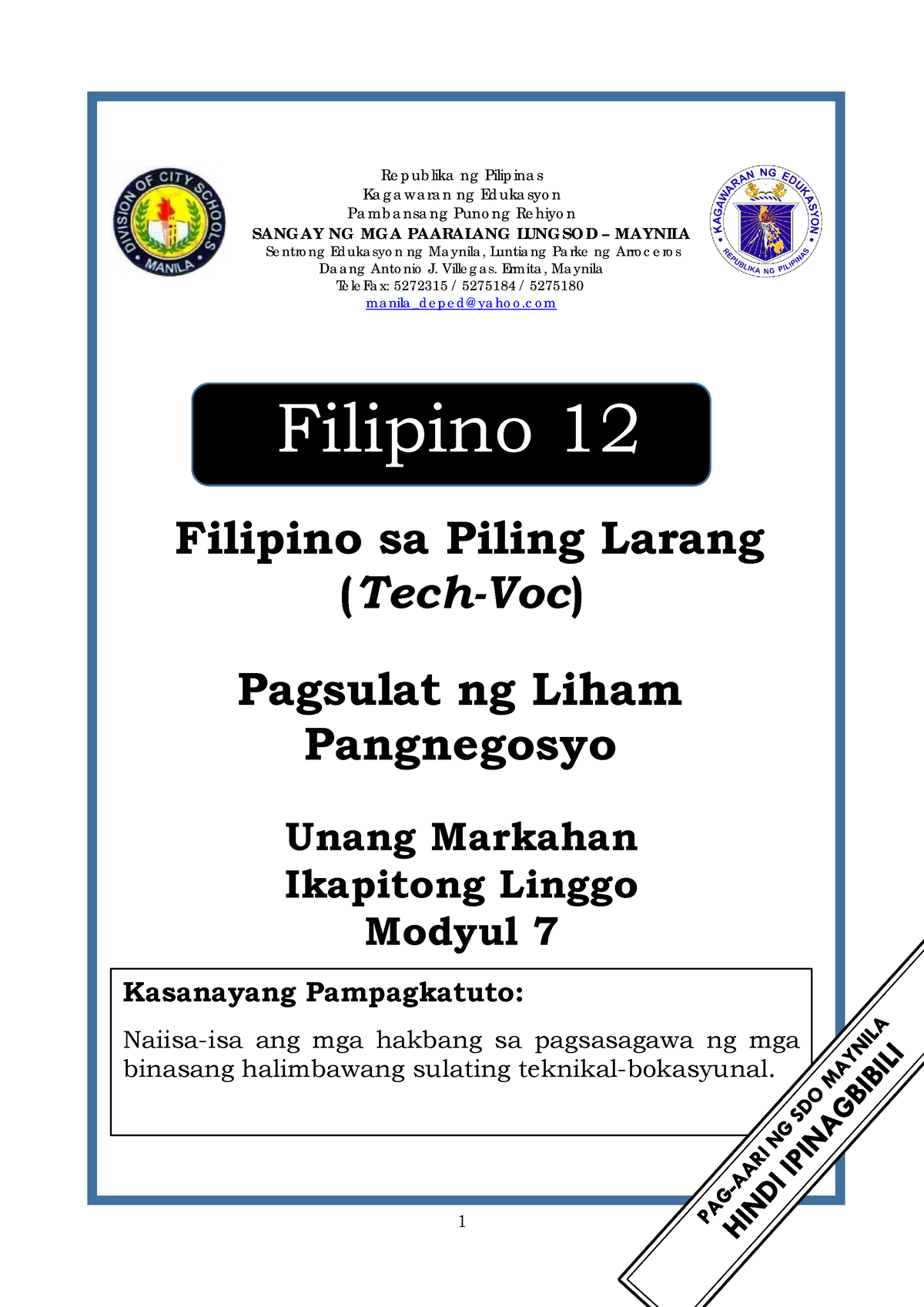 Filipino 12 Q1 Mod7 Tech Voc - Re P Ub Lika Ng Pilip Ina S Ka G A W A ...