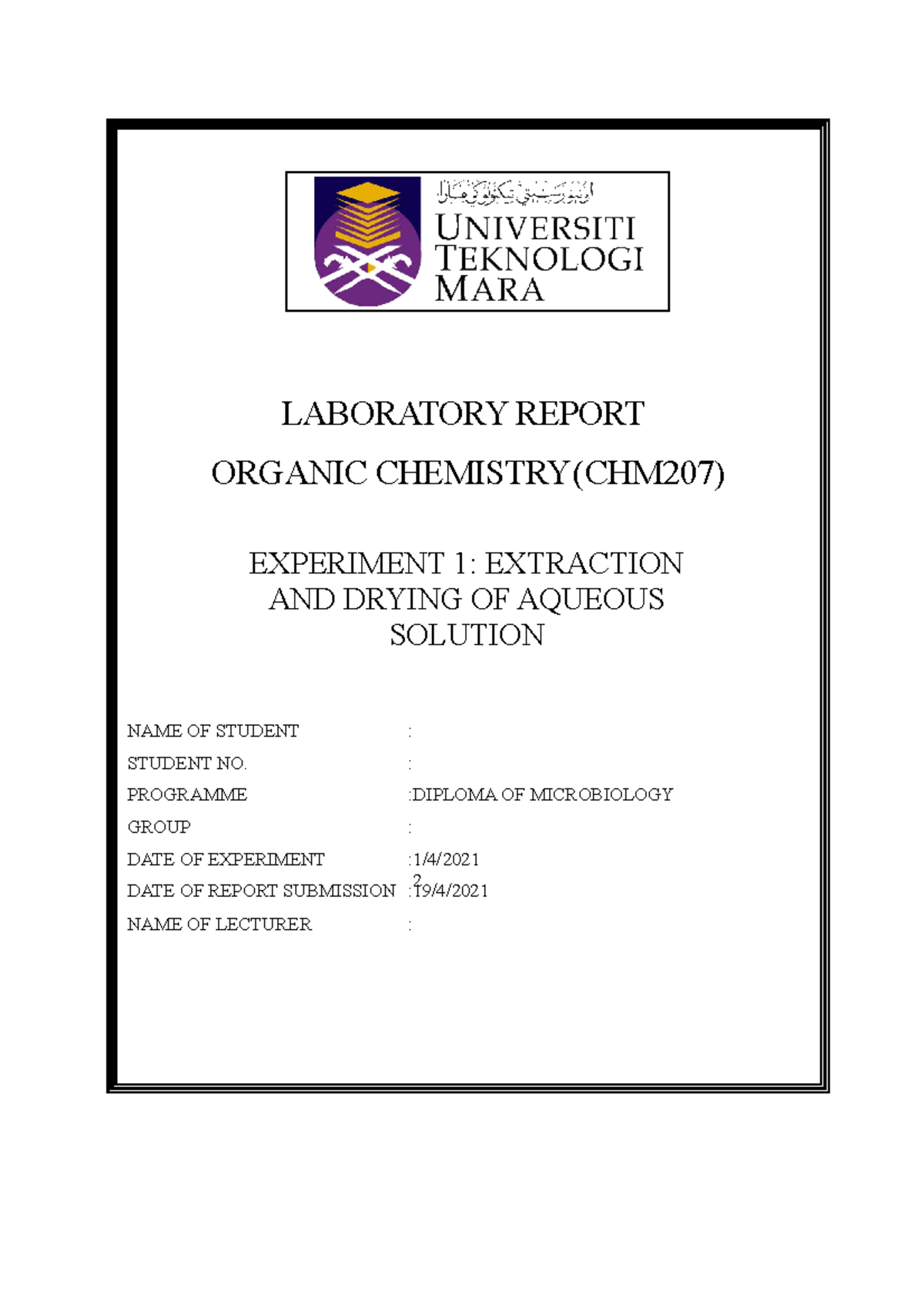 CHM 207 exp 3 - lab manual and guide for chm207 - LABORATORY REPORT ...