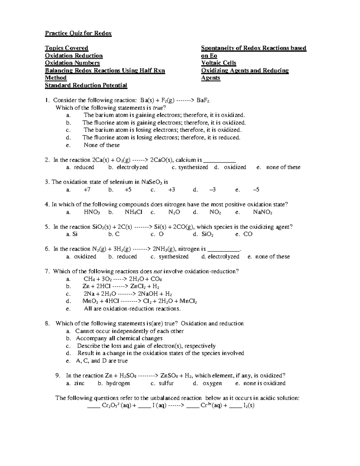 W - redox practice quiz 11 - Practice Quiz for Redox Topics Covered ...