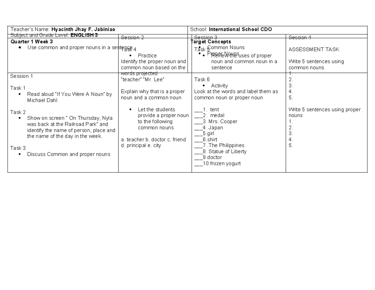 Grade 3 Lesson Plan English Quarter 1 Week 3 - Session 1 Task 1 Read ...