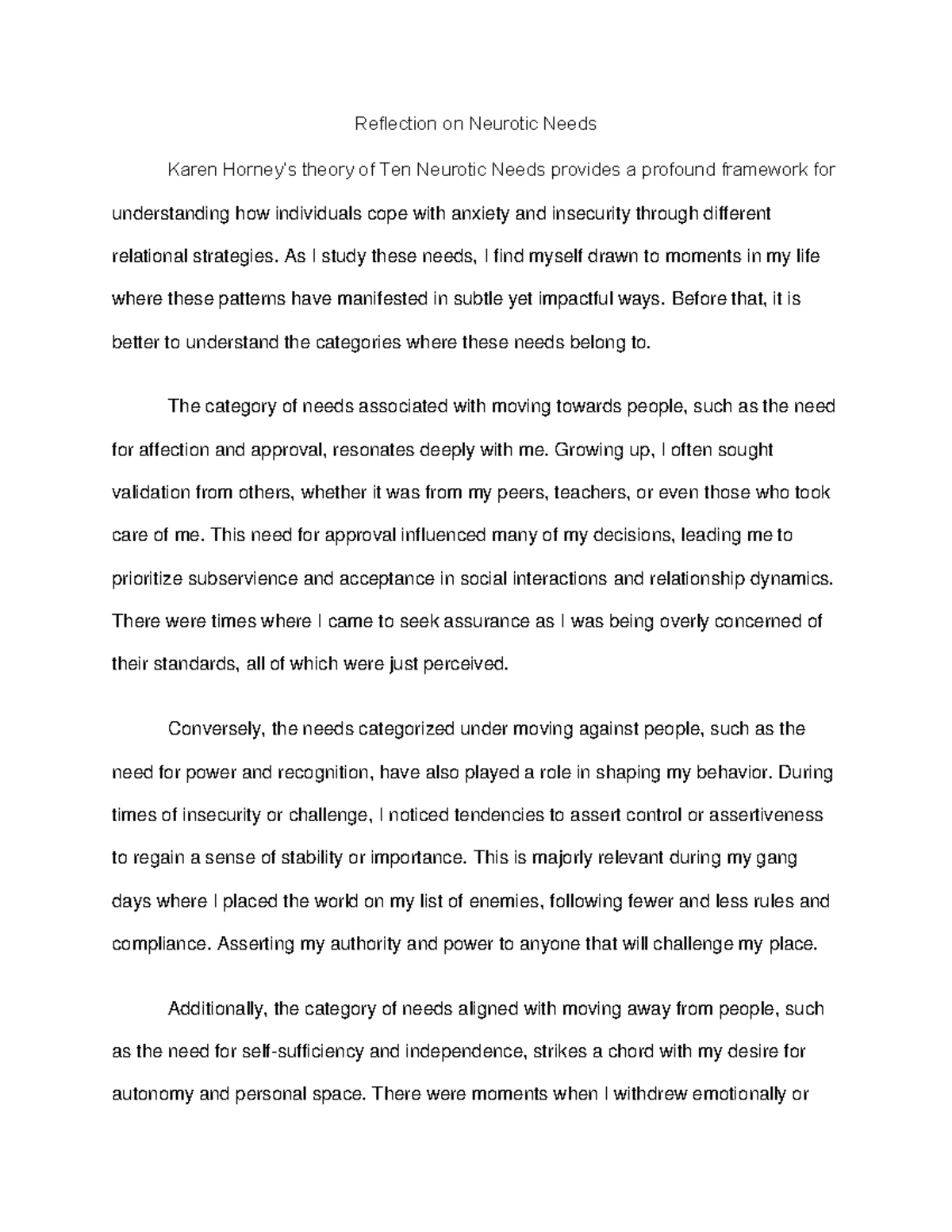 Arribe - Horney - .lklklk, - Reflection on Neurotic Needs Karen Horney ...