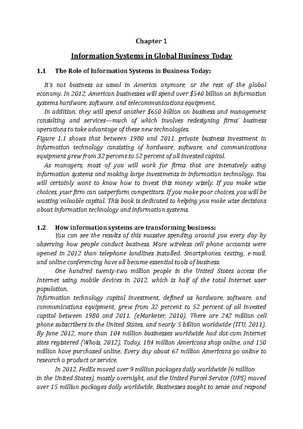 Unit 1 Notes - Xyz teacher - Chapter 1 Information Systems in Global ...